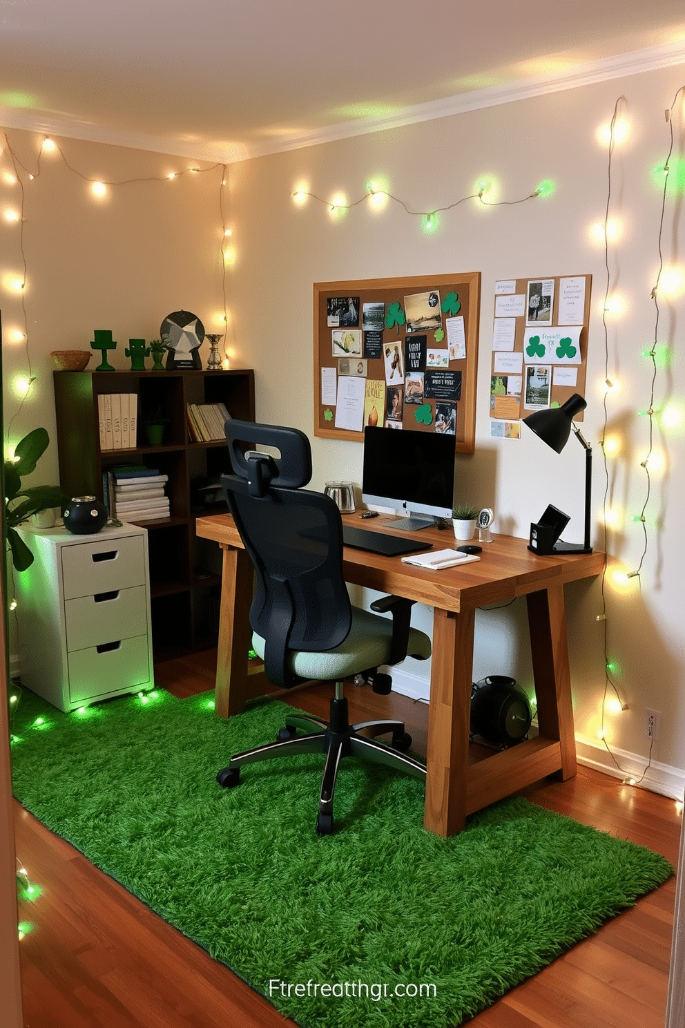 A cozy home office adorned with green and white fairy lights strung along the walls, creating a warm and inviting atmosphere. A stylish desk made of reclaimed wood sits in the center, complemented by a comfortable ergonomic chair and a small potted plant for a touch of nature. For St. Patrick's Day, the space features decorative elements like shamrock accents and a vibrant green rug underfoot. A bulletin board displays festive postcards and quotes, enhancing the cheerful theme while maintaining a professional workspace.