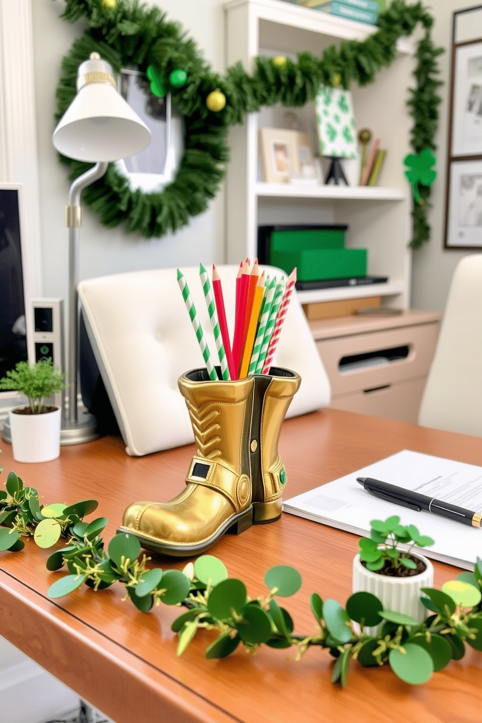 A charming home office decorated for St. Patrick's Day features a whimsical pencil holder shaped like leprechaun boots, adding a playful touch to the workspace. The desk is adorned with green and gold accents, including a festive garland and a small potted shamrock plant, creating an inviting and spirited atmosphere.