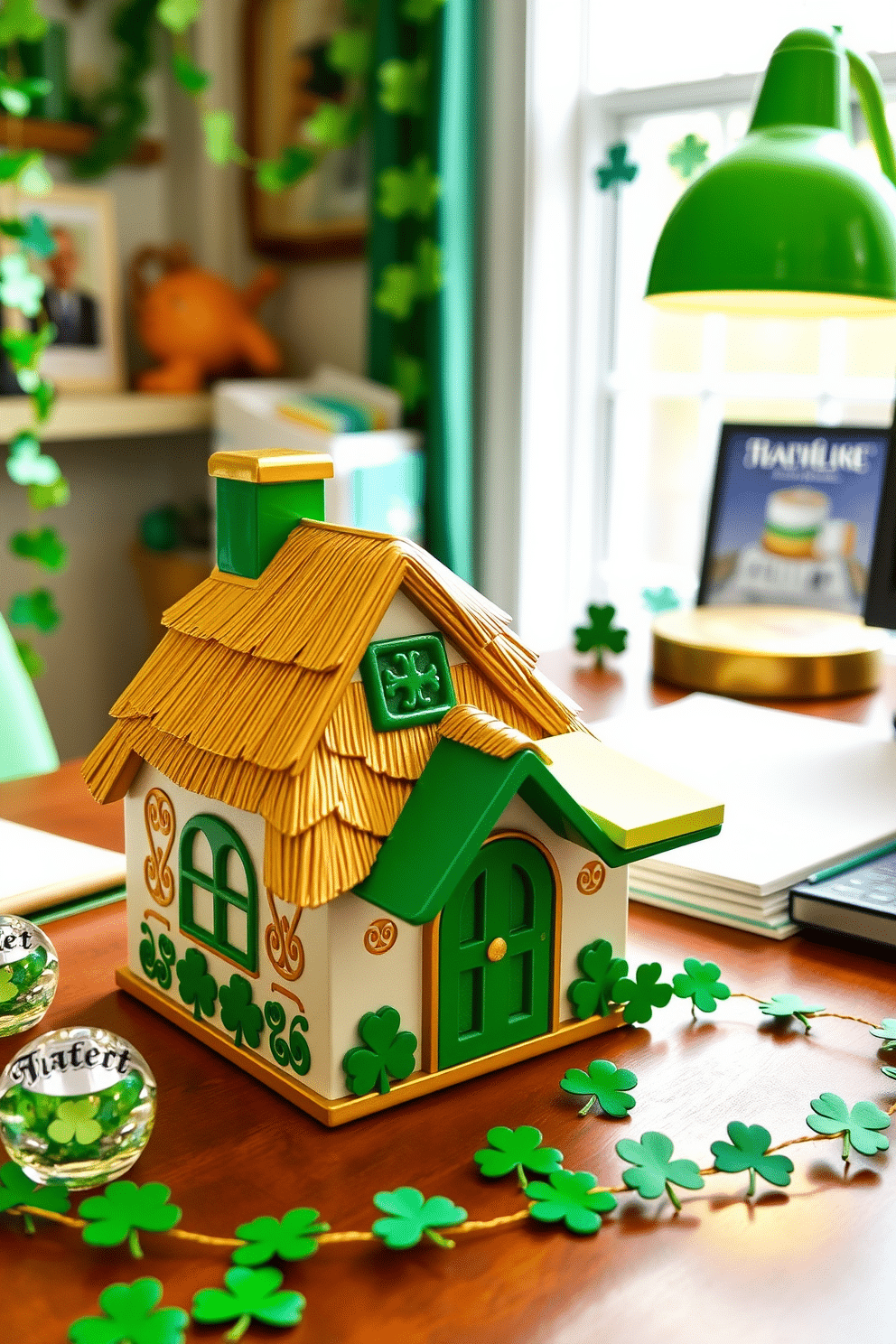 A charming Irish-themed sticky note holder designed to resemble a traditional Irish cottage, complete with a thatched roof and vibrant green accents. The holder features intricate Celtic patterns engraved on the sides, adding a touch of authenticity and cultural significance. In a cozy home office adorned for St. Patrick's Day, a festive color palette of green and gold sets the tone. Decorative elements include shamrock-shaped paperweights, garlands of paper shamrocks draped across the desk, and a cheerful green desk lamp that illuminates the workspace.