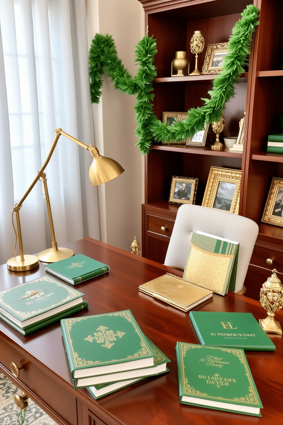 A stylish home office adorned with green and gold stationery. The desk is made of rich mahogany, accented by a gold desk lamp and a collection of elegant notebooks featuring intricate gold designs. St. Patrick's Day decorations are tastefully arranged throughout the space. A vibrant green garland drapes across the bookshelf, complemented by gold accents in the form of decorative paperweights and picture frames.