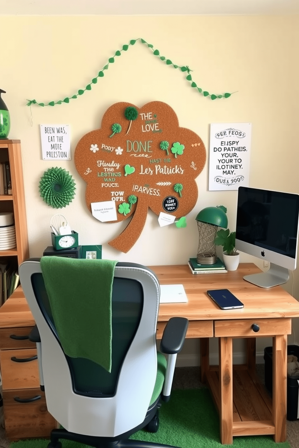 A cozy home office featuring a clover-shaped corkboard as the centerpiece, adorned with inspirational quotes and green-themed decorations for St. Patrick's Day. The desk is made of reclaimed wood, complemented by a comfortable ergonomic chair, and the walls are painted a soft cream to create a bright and inviting atmosphere.