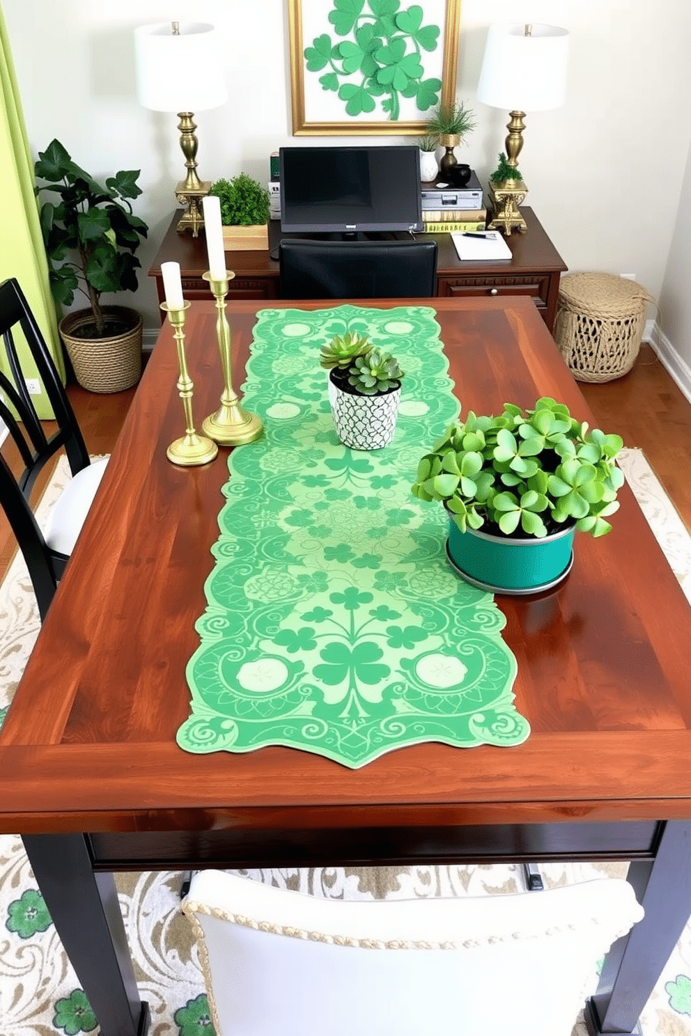 A festive St. Patrick's Day table runner adorned with intricate shamrock patterns and vibrant green hues stretches across a polished wooden dining table. Accentuating the runner are delicate gold accents, including candle holders and small potted plants, creating a cheerful and inviting atmosphere for holiday gatherings. A cozy home office space is decorated for St. Patrick's Day with a green and gold color scheme, featuring a plush area rug that ties the room together. On the desk, a small arrangement of fresh shamrocks in a decorative pot adds a touch of seasonal charm, while a green-themed wall art piece inspires creativity and festivity.