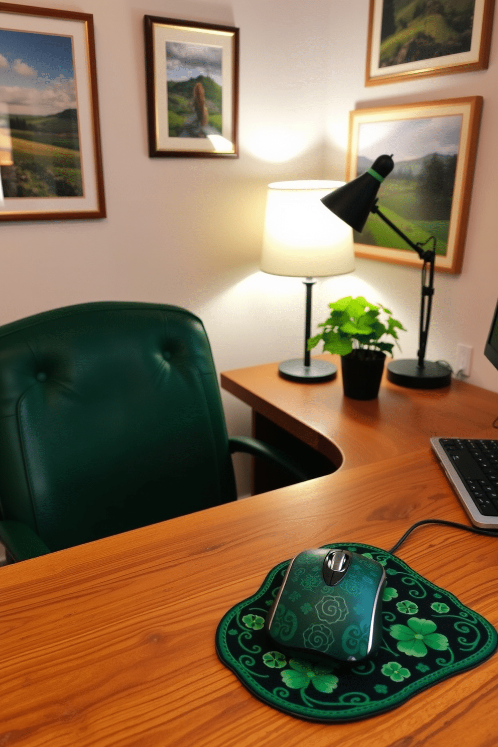 A charming home office space featuring an Irish-themed mouse pad adorned with traditional Celtic patterns. The desk is made of rich oak wood, complemented by a cozy green chair, while a small potted shamrock plant adds a touch of festive greenery. The walls are decorated with framed prints of iconic Irish landscapes, creating an inviting atmosphere. Soft, warm lighting from a stylish desk lamp enhances the overall cozy vibe, perfect for celebrating St. Patrick's Day while working.