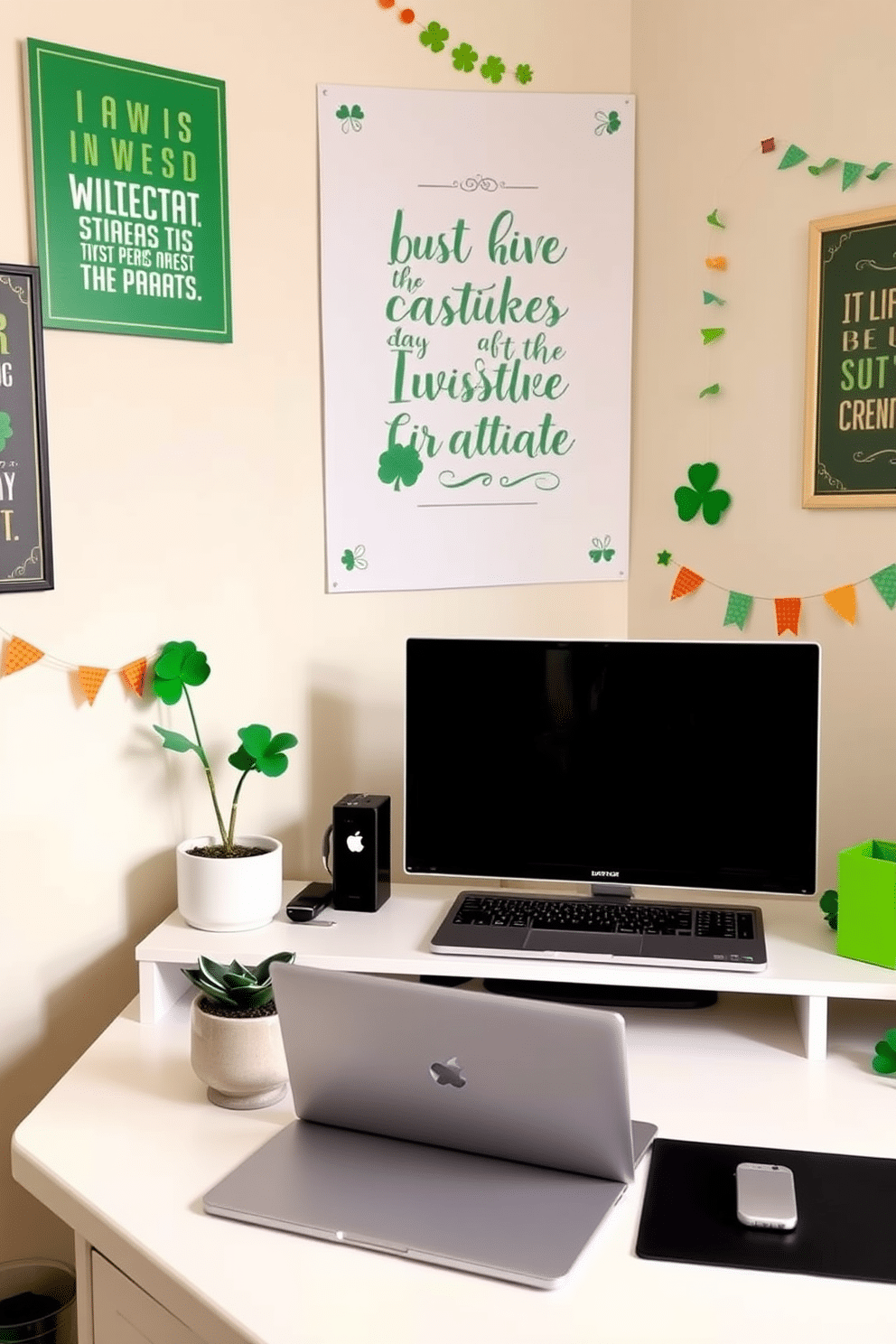 A cozy home office adorned with Irish-themed motivational posters. The walls are painted a soft cream, with vibrant green accents, and a large poster featuring an inspiring Irish quote hangs above the desk. On the desk, a sleek laptop is paired with a decorative shamrock plant in a ceramic pot. Brightly colored St. Patrick's Day decorations, such as garlands and small flags, add a festive touch to the workspace.