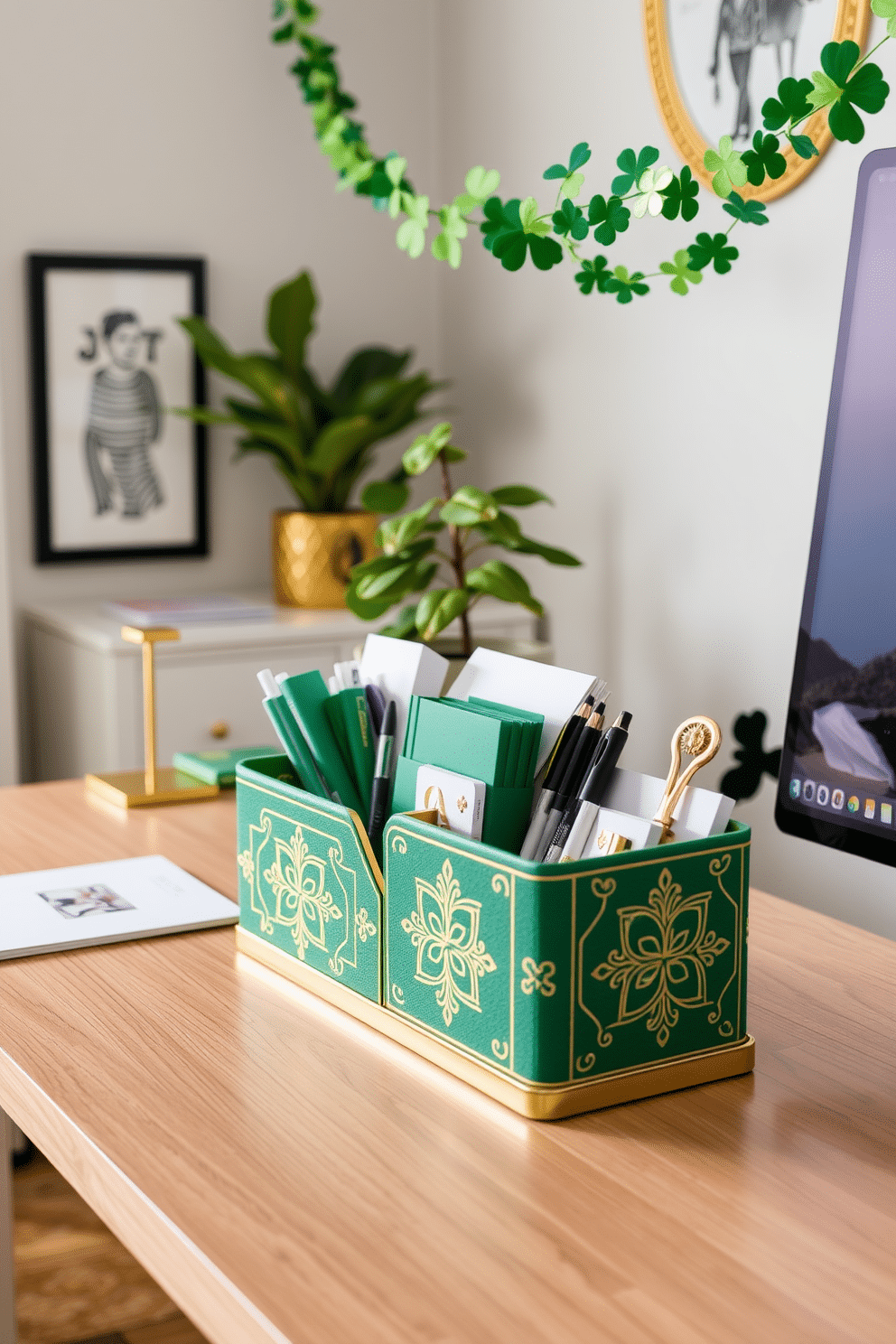 A stylish home office setup featuring a green and gold desk organizer that adds a touch of elegance. The organizer is adorned with intricate patterns and holds an assortment of stationery, complementing a sleek wooden desk. For St. Patrick's Day, the office is decorated with subtle green accents and gold accents throughout the space. A festive garland of shamrocks hangs above the desk, while a small potted plant adds a fresh touch to the overall design.