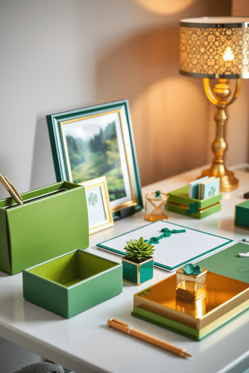 A stylish home office setup featuring elegant green and gold desk accessories. The desk is adorned with a sleek green organizer, a gold pen holder, and a decorative gold-framed picture of a lush landscape. For St. Patrick's Day, the workspace is infused with festive touches, such as a small potted shamrock plant and green-themed stationery. A gold-accented lamp casts a warm glow, enhancing the inviting atmosphere of the room.