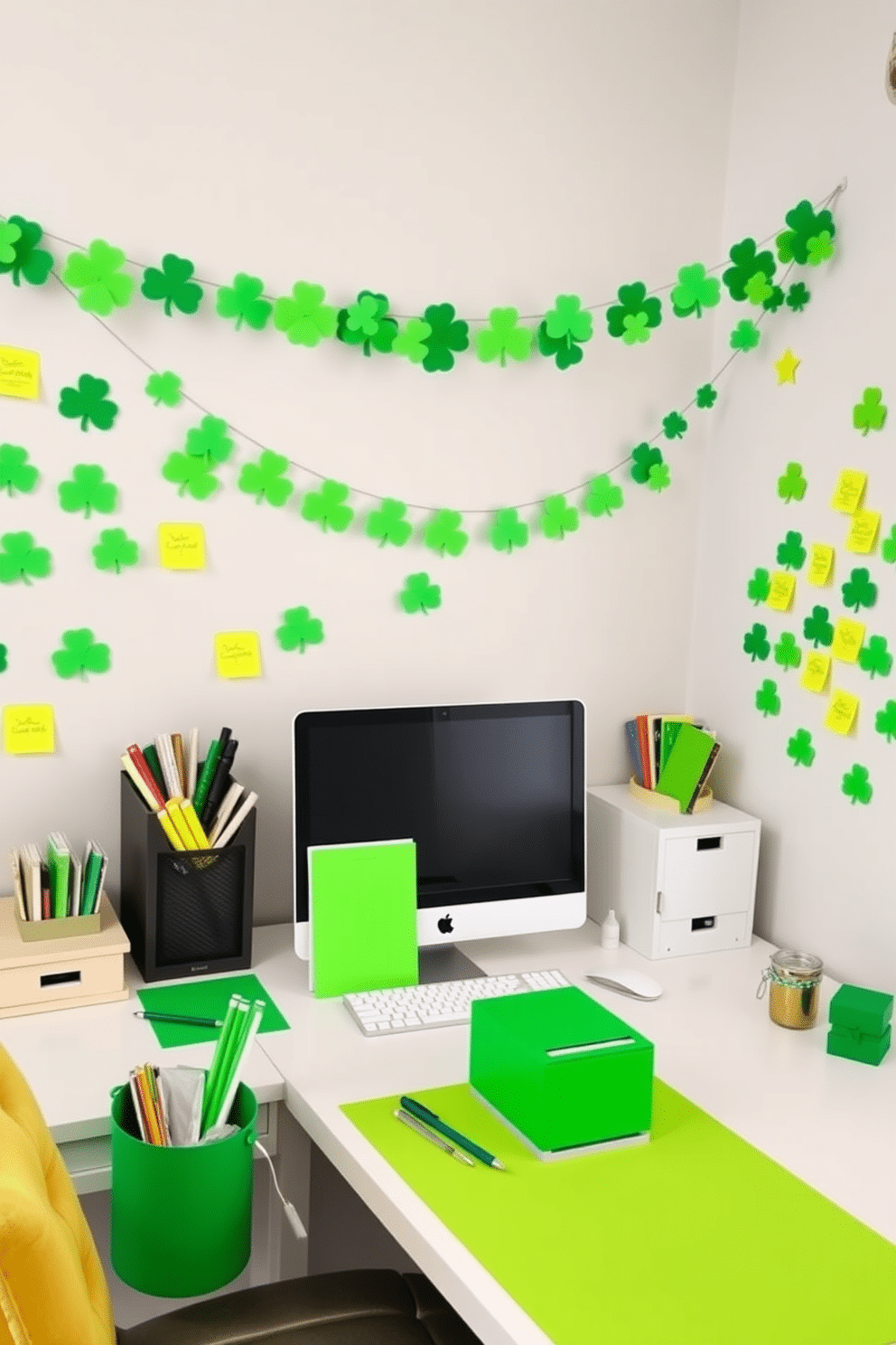 A vibrant home office decorated for St. Patrick's Day features shamrock-shaped sticky notes adorning the walls and desk, adding a playful touch to the workspace. The desk is organized with green-themed stationery, and a festive garland of shamrocks hangs above the computer, creating an inspiring and cheerful atmosphere.