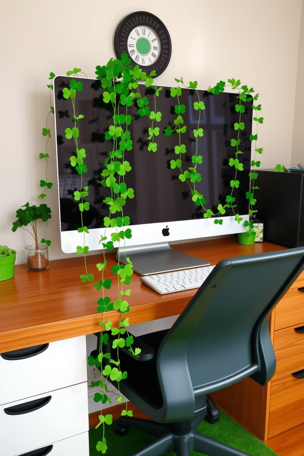 Create a cozy home office setting adorned with clover garlands draped around a sleek modern monitor. The workspace features a warm wooden desk, a comfortable ergonomic chair, and touches of green decor to celebrate St. Patrick's Day.