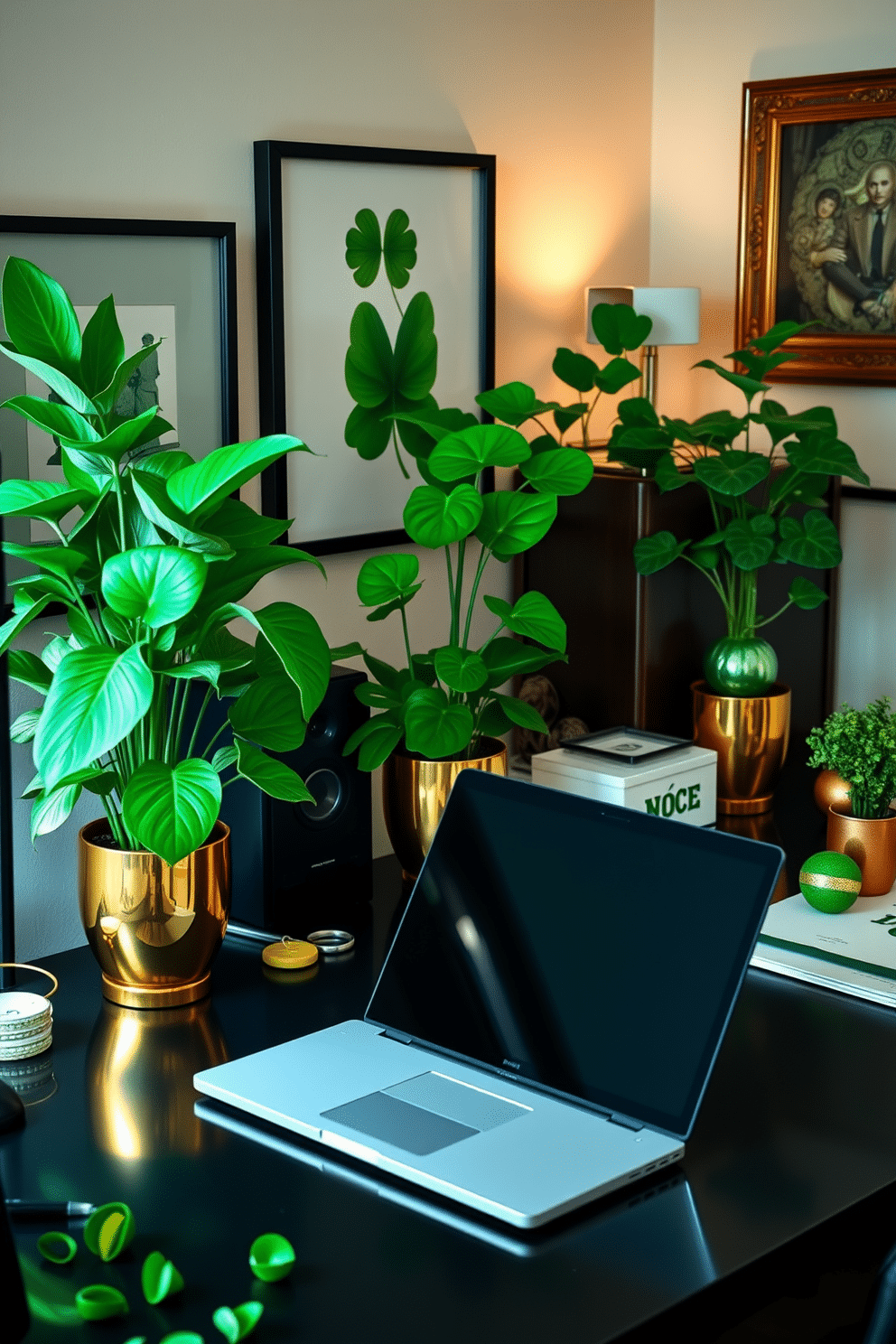 A stylish home office featuring lush green plants in elegant gold pots, strategically placed to enhance the workspace ambiance. The desk is adorned with a sleek laptop, surrounded by St. Patrick's Day decorations, including subtle green accents and festive artwork that inspire creativity and productivity.