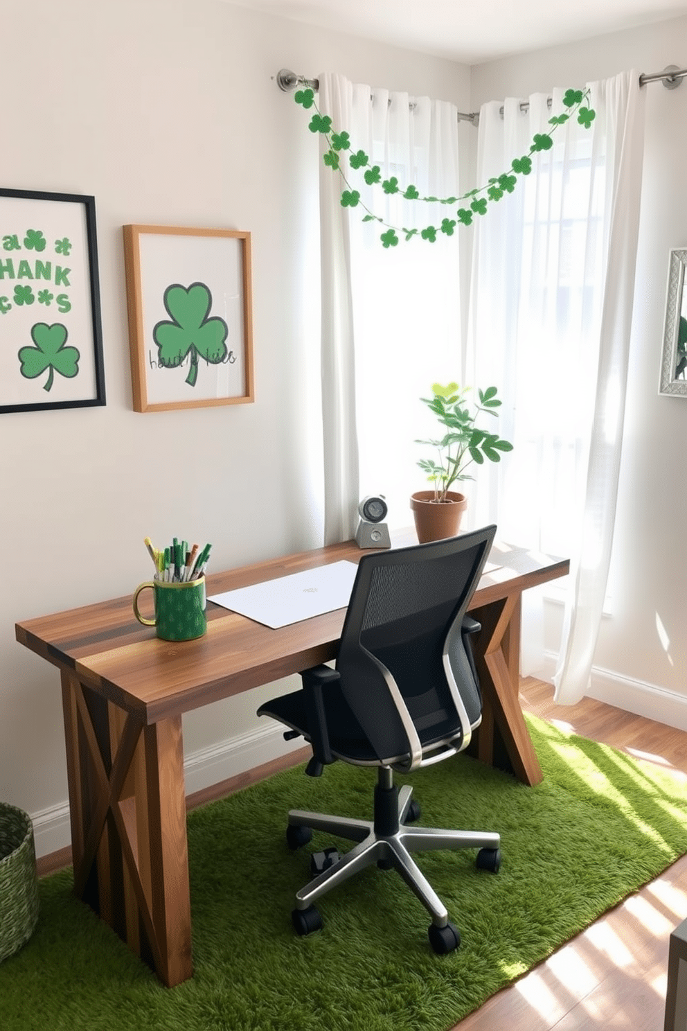 A cozy home office decorated for St. Patrick's Day features a stylish desk made of reclaimed wood, adorned with a festive green and gold mug filled with pens and markers. The walls are accented with cheerful shamrock-themed artwork, and a plush green rug adds warmth to the space. Natural light streams through sheer white curtains, illuminating a comfortable ergonomic chair and a small potted plant that completes the look. A decorative garland of shamrocks hangs above the desk, creating an inviting atmosphere perfect for productivity and celebration.