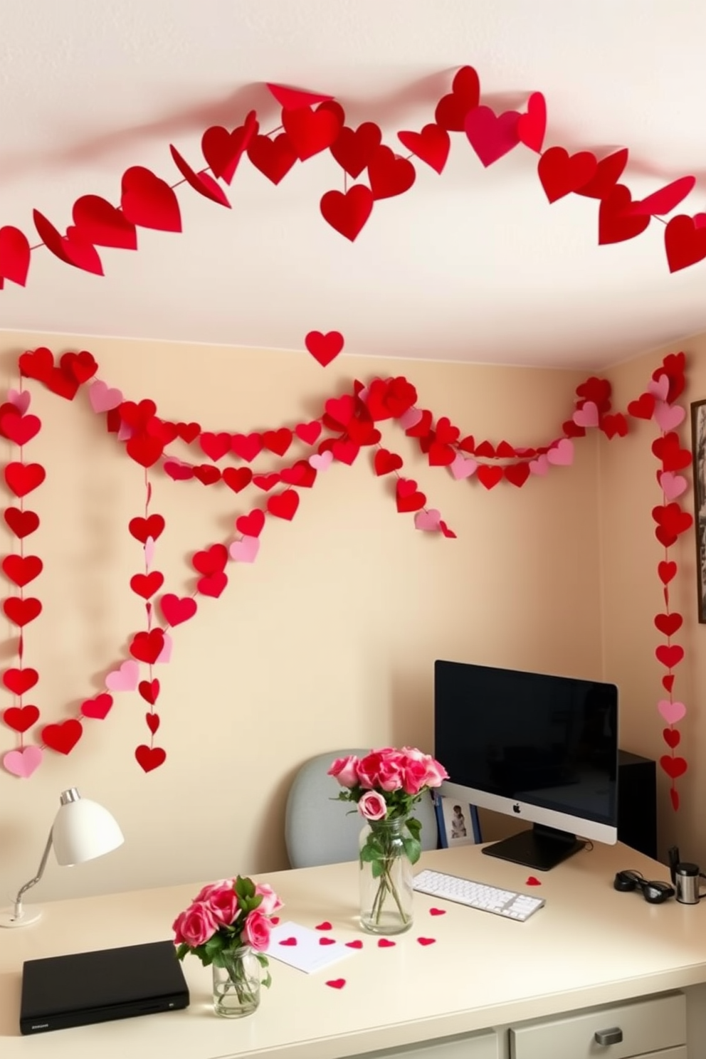 A cozy home office adorned for Valentine's Day, featuring red and pink heart garlands draped across the walls and hanging from the ceiling. The desk is decorated with a small bouquet of roses in a glass vase, adding a touch of romance to the workspace.