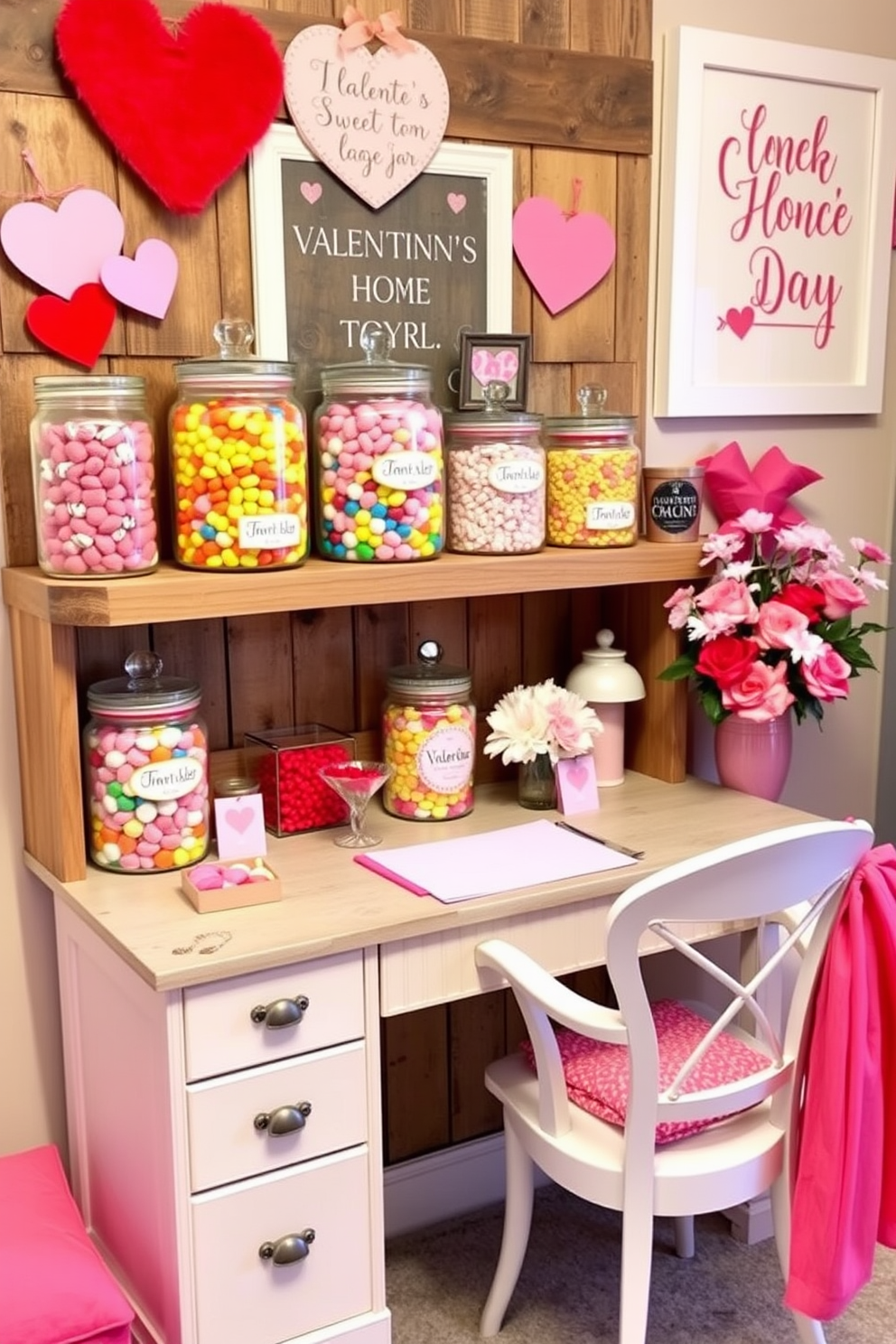 A charming display of sweet treat jars filled with colorful candies, arranged on a rustic wooden shelf. The jars vary in size and shape, with labels in playful fonts, surrounded by heart-shaped decorations and soft pastel accents. A cozy home office decorated for Valentine's Day, featuring a stylish desk adorned with pink and red accents. Heart-themed wall art and a bouquet of fresh flowers add a romantic touch, while a comfortable chair invites creativity and inspiration.