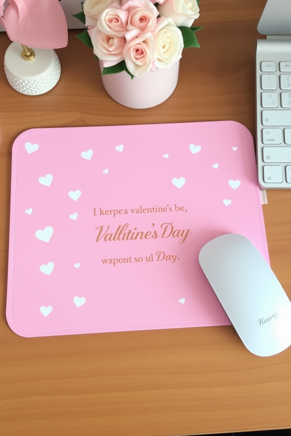 A Valentine's Day themed mouse pad featuring a soft pink background adorned with delicate white hearts and subtle gold accents. The design includes a motivational quote in elegant script, perfect for brightening up your home office workspace. For home office Valentine's Day decorating ideas, incorporate romantic touches such as heart-shaped desk organizers and soft pink or red throw pillows on your chair. Add a small bouquet of fresh flowers in a decorative vase to create an inviting and cheerful atmosphere.