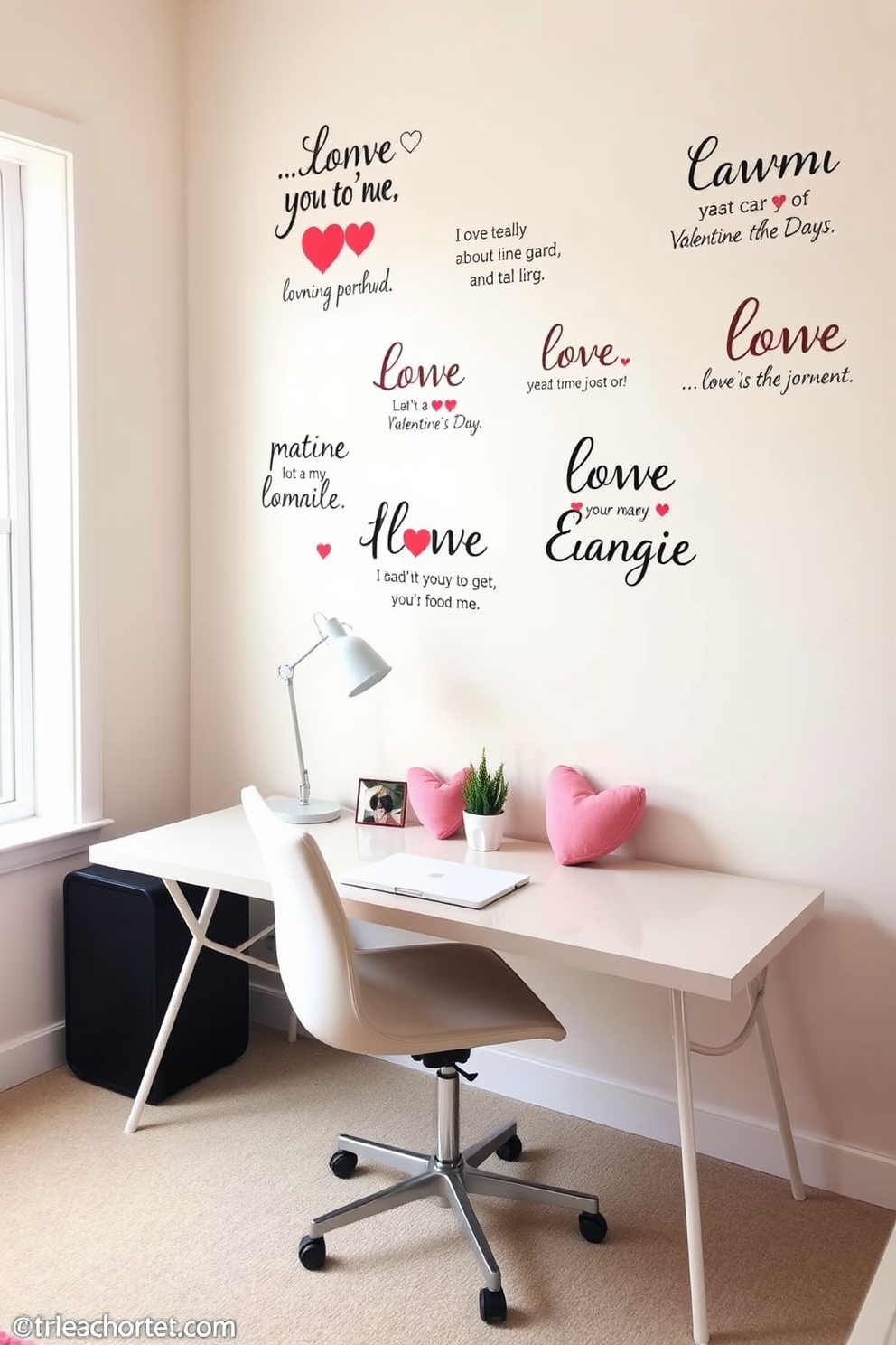 A cozy home office adorned with love quote wall decals that inspire creativity and warmth. The walls are painted in a soft pastel color, and a stylish desk is positioned near a window, allowing natural light to flood the space. On the desk, a modern lamp provides additional lighting, while a comfortable chair invites long hours of productivity. Decorative elements like heart-shaped cushions and a small potted plant add a touch of Valentine's Day charm to the workspace.