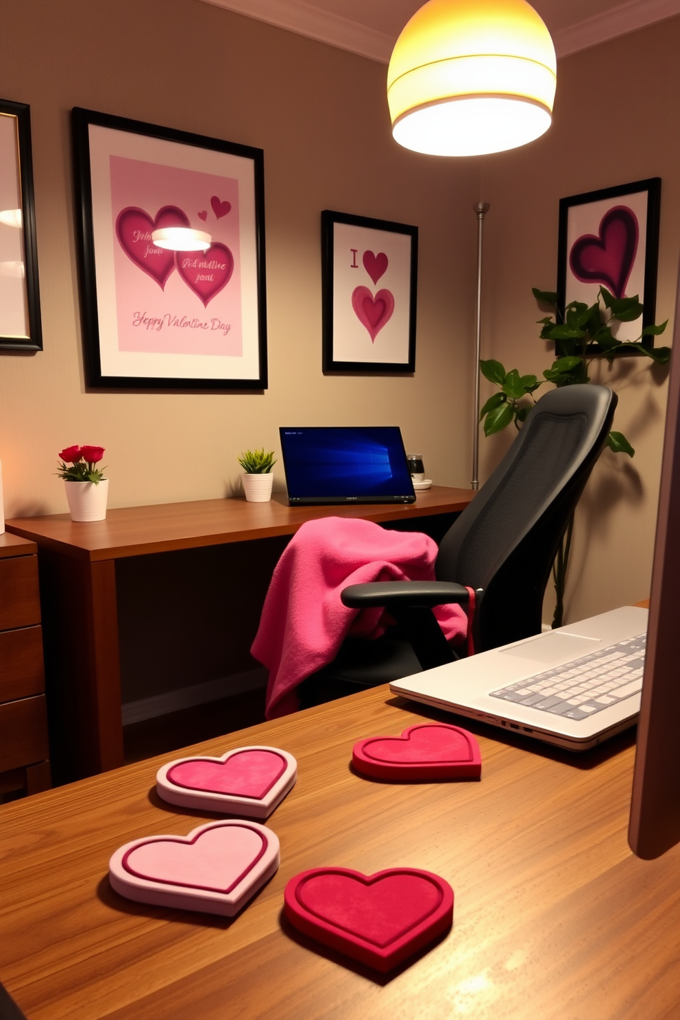 A cozy home office adorned for Valentine's Day features heart-shaped coasters placed on a sleek wooden desk. The desk is complemented by a stylish ergonomic chair, and a soft throw blanket in shades of pink drapes over the chair's back. On the walls, framed romantic artwork adds a personal touch, while a small potted plant brings a hint of greenery. A warm, ambient lamp casts a gentle glow, creating an inviting atmosphere perfect for productivity and inspiration.