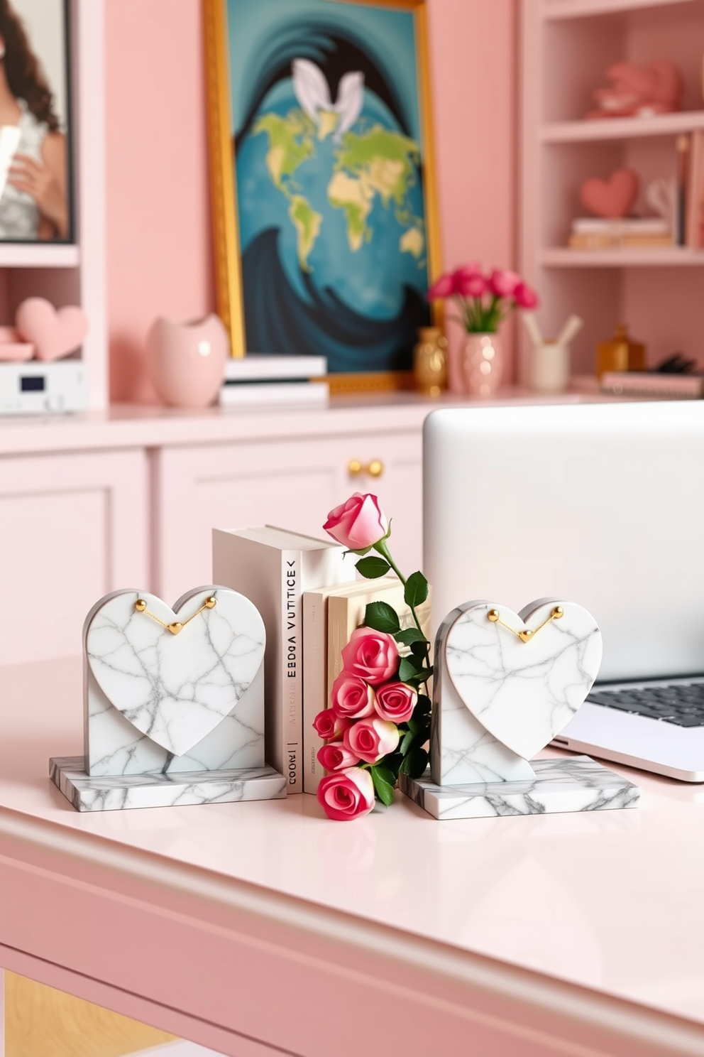 A pair of elegant bookends designed for Valentine's Day, featuring a heart motif crafted from polished marble. Each bookend is adorned with delicate gold accents, adding a touch of sophistication to any bookshelf. A cozy home office decorated for Valentine's Day, showcasing a soft pink color palette. The desk is adorned with heart-shaped accessories, and a bouquet of fresh roses sits next to a stylish laptop, creating an inviting workspace.