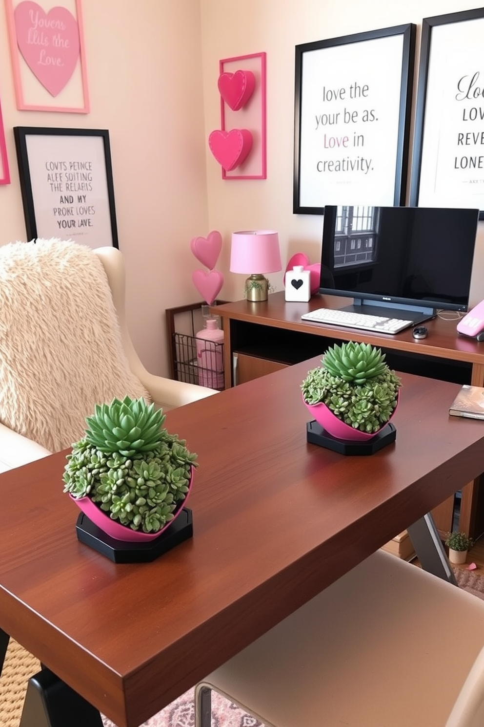 A charming home office decorated for Valentine's Day features heart-shaped succulent planters on a sleek wooden desk. The planters are filled with vibrant green succulents, adding a touch of nature and love to the workspace. The walls are adorned with soft pink accents and framed inspirational quotes about love and creativity. A cozy chair with a plush throw invites you to sit and enjoy the romantic ambiance while working.