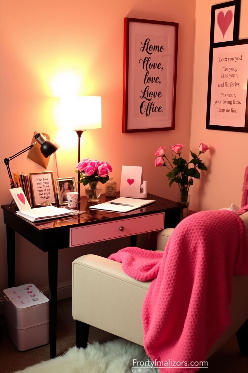 A cozy home office setting infused with romance. Soft lighting casts a warm glow over a stylish desk adorned with heart-themed stationery and a vase of fresh roses. The walls are decorated with framed love quotes, and a plush armchair invites relaxation. A decorative throw blanket in soft pink drapes over the armchair, creating an inviting atmosphere perfect for inspiration.