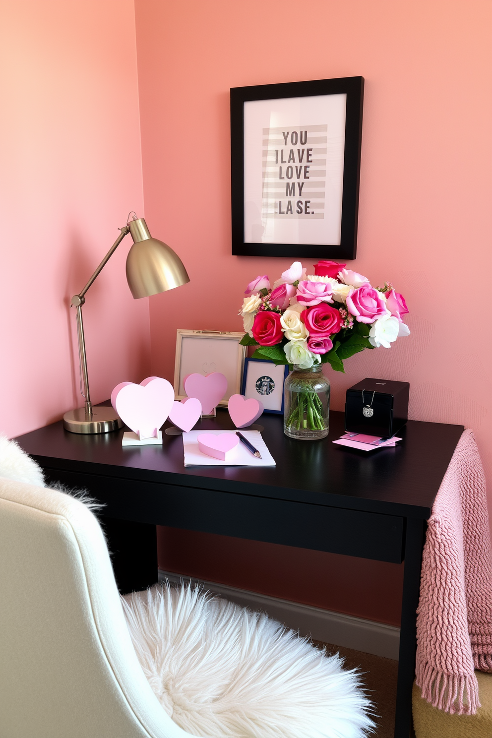 A cozy home office space adorned for Valentine's Day. Heart-shaped paperweights in soft pastel colors are placed on the desk, complemented by a stylish desk lamp and a bouquet of fresh flowers in a decorative vase. The walls are painted in a warm blush hue, creating an inviting atmosphere. A comfortable chair with a plush throw blanket sits beside the desk, inviting creativity and romance into the workspace.