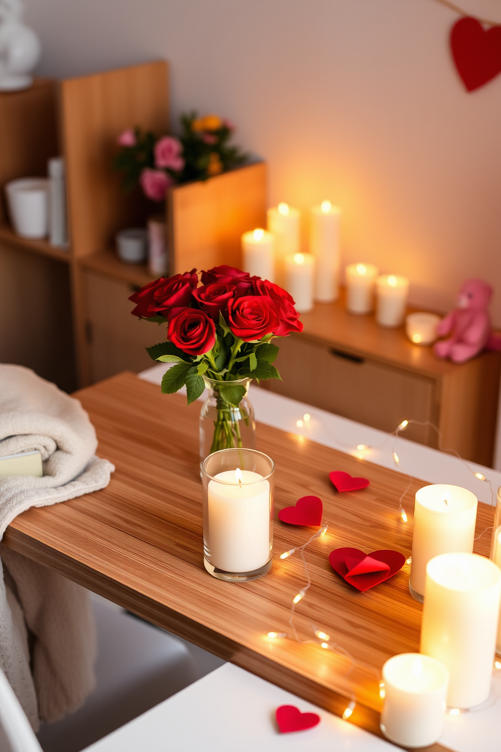 A romantic candlelit desk setup featuring a sleek wooden desk adorned with soft, flickering candles in various heights. A delicate bouquet of red roses sits in a crystal vase, while a cozy throw blanket drapes over the chair, inviting warmth and intimacy. For Valentine's Day decorating ideas, the workspace is enhanced with heart-shaped decor elements and subtle fairy lights intertwined around the desk. Soft pastel colors dominate the accessories, creating a charming and inviting atmosphere perfect for celebrating love.