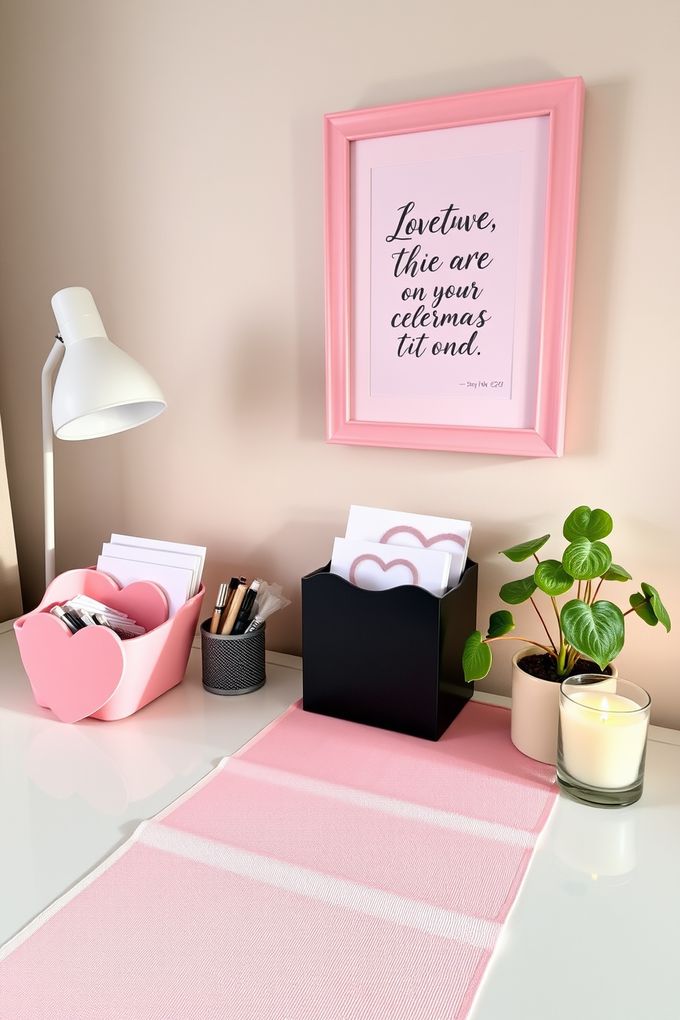 A cozy home office adorned with love-themed desk accessories. A heart-shaped desk organizer holds pens and notepads, while a romantic quote framed in soft pink hangs on the wall above. A stylish desk covered with a soft, blush-colored runner. A small potted plant with heart-shaped leaves sits beside a delicate candle, creating a warm and inviting atmosphere for Valentine's Day.