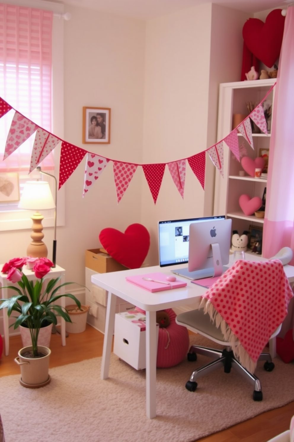 A charming DIY fabric bunting decorates the space, featuring an array of colorful patterns and textures that add a playful touch. The bunting is strung across the room, creating a festive atmosphere perfect for any gathering or celebration. The home office is transformed with Valentine's Day decorating ideas, incorporating soft pink and red hues throughout the space. Heart-shaped accents and cozy textiles create an inviting and romantic workspace, inspiring creativity and warmth.