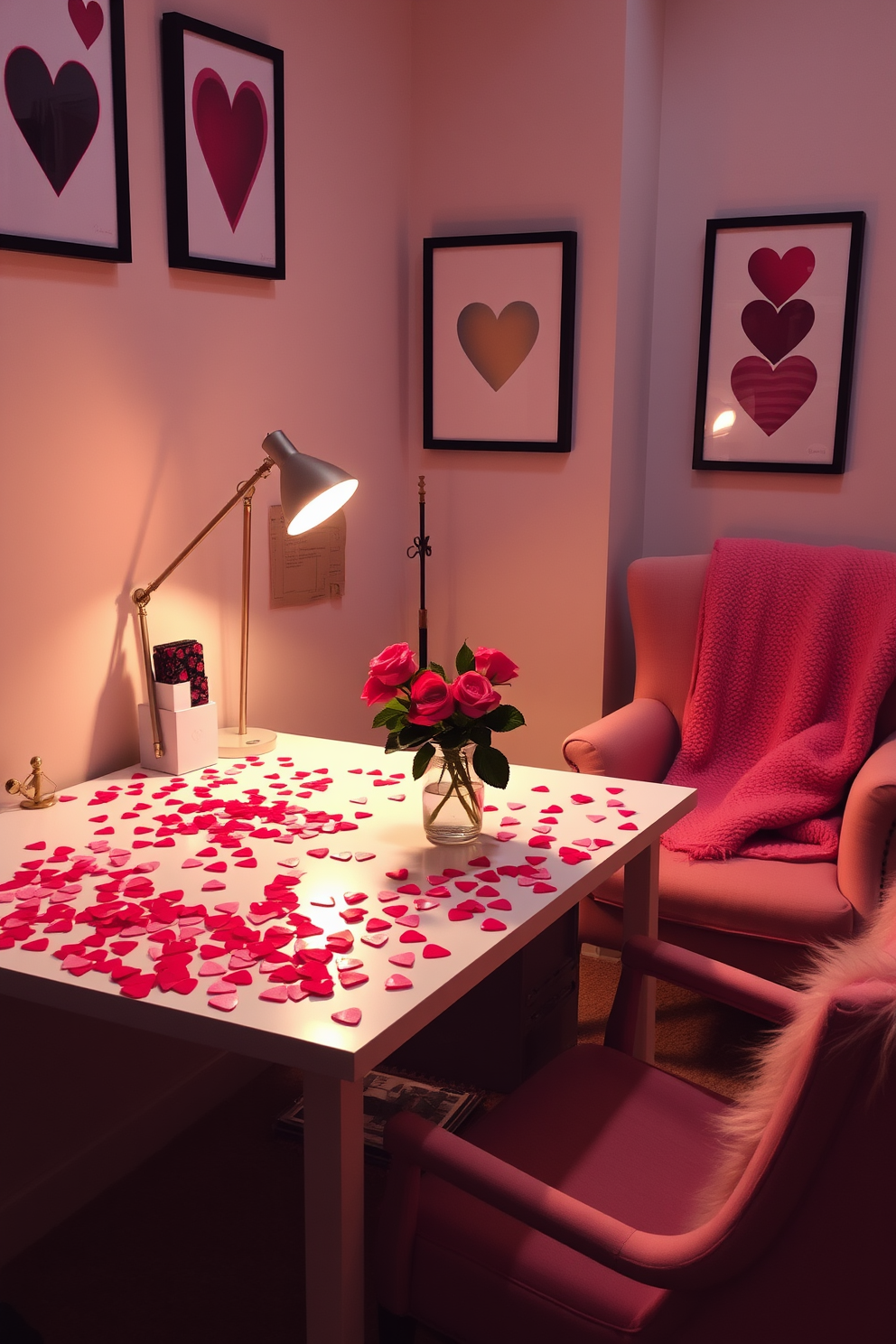 A charming home office adorned for Valentine's Day, featuring a sleek desk scattered with heart-shaped confetti in shades of pink and red. Soft, warm lighting illuminates the space, creating an inviting atmosphere perfect for productivity and romance. The walls are decorated with framed love-themed art, and a cozy armchair sits in the corner, draped with a plush throw blanket. A small vase of fresh roses adds a touch of elegance to the desk, complementing the festive decor.