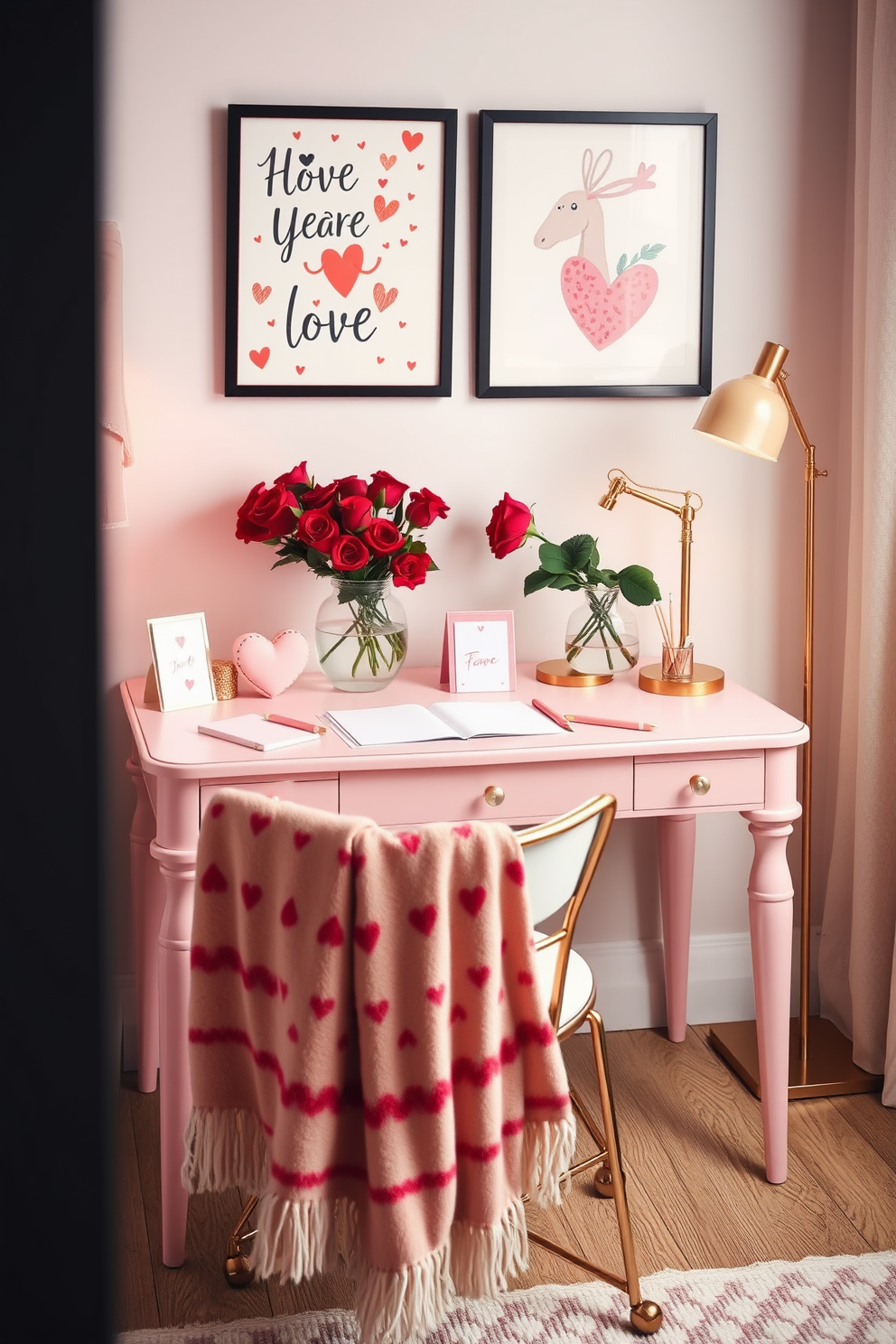 A romantic home office setup adorned with Valentine's Day themed stationery. The desk features a soft pink surface, paired with elegant gold accents, and is decorated with heart-shaped notepads and a bouquet of fresh red roses in a stylish vase. The walls are adorned with whimsical Valentine’s Day art prints, and a cozy throw blanket in shades of red and white drapes over the office chair. Soft lighting from a chic lamp creates a warm ambiance, making the space inviting and perfect for creativity.