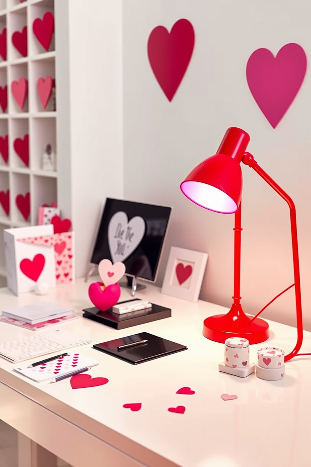 A stylish home office adorned for Valentine's Day features a vibrant red and pink desk lamp that casts a warm, inviting glow. The lamp is positioned on a sleek white desk, surrounded by heart-themed stationery and decorative accents that celebrate the holiday.