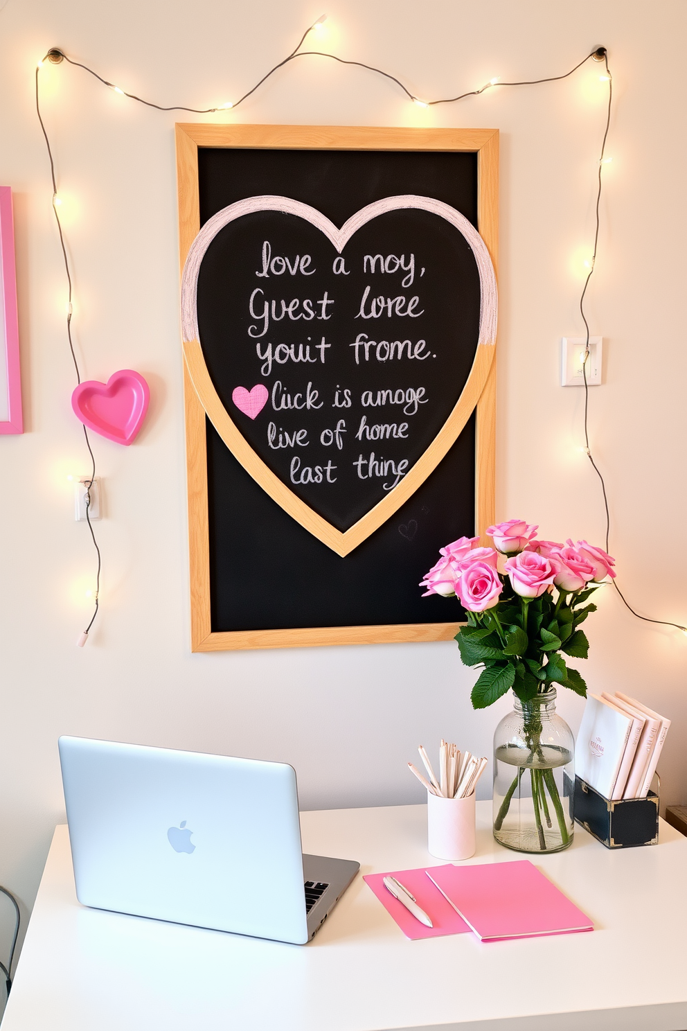 A cozy home office setting decorated for Valentine's Day. A heart-shaped chalkboard is mounted on the wall, surrounded by soft pink and white accents, with motivational quotes written in colorful chalk. A stylish desk features a bouquet of fresh roses in a vase, alongside a laptop and stationery in pastel colors. Decorative string lights are draped across the room, adding a warm glow to the inviting workspace.