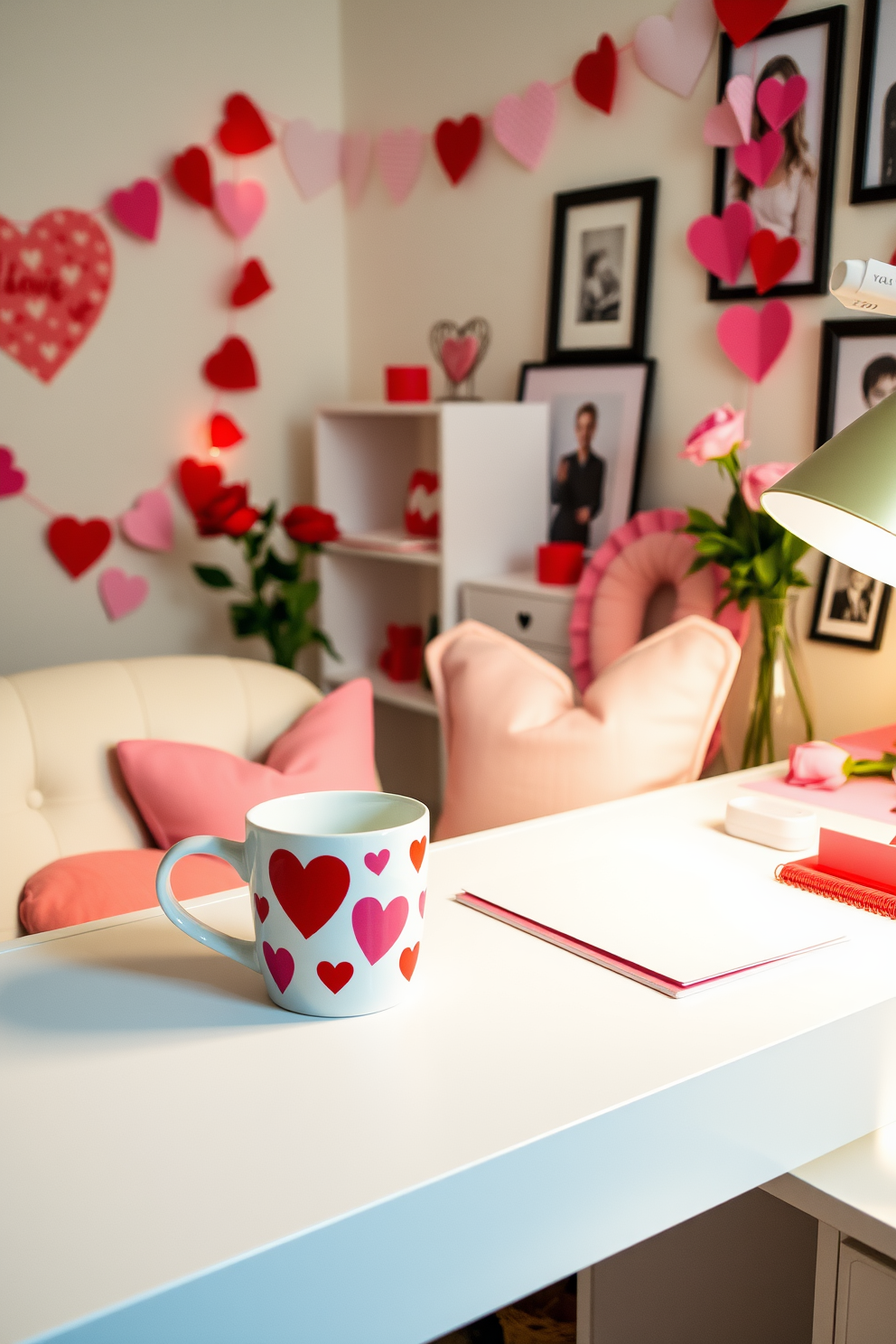 A cozy home office adorned for Valentine's Day features a charming mug with heart motifs, resting on a stylish desk. Soft pink and red accents are incorporated throughout the space, including heart-shaped cushions on the chair and a garland of paper hearts draped along the wall. The desk is neatly organized with stationery in romantic colors, and a small bouquet of fresh roses adds a touch of elegance. A warm, inviting atmosphere is created with soft lighting and a few framed photos of loved ones, enhancing the overall theme.