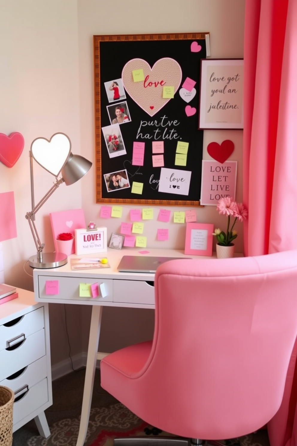 A cozy home office decorated for Valentine's Day, featuring a stylish desk adorned with love-themed sticky notes in various pastel colors. A heart-shaped bulletin board hangs above the desk, showcasing sentimental photos and inspirational quotes, while soft pink and red accents bring warmth to the space. The room is illuminated by a chic desk lamp with a heart motif, casting a gentle glow over the workspace. A plush chair in a coordinating shade invites comfort, while a small potted plant adds a touch of greenery to this romantic yet functional setting.