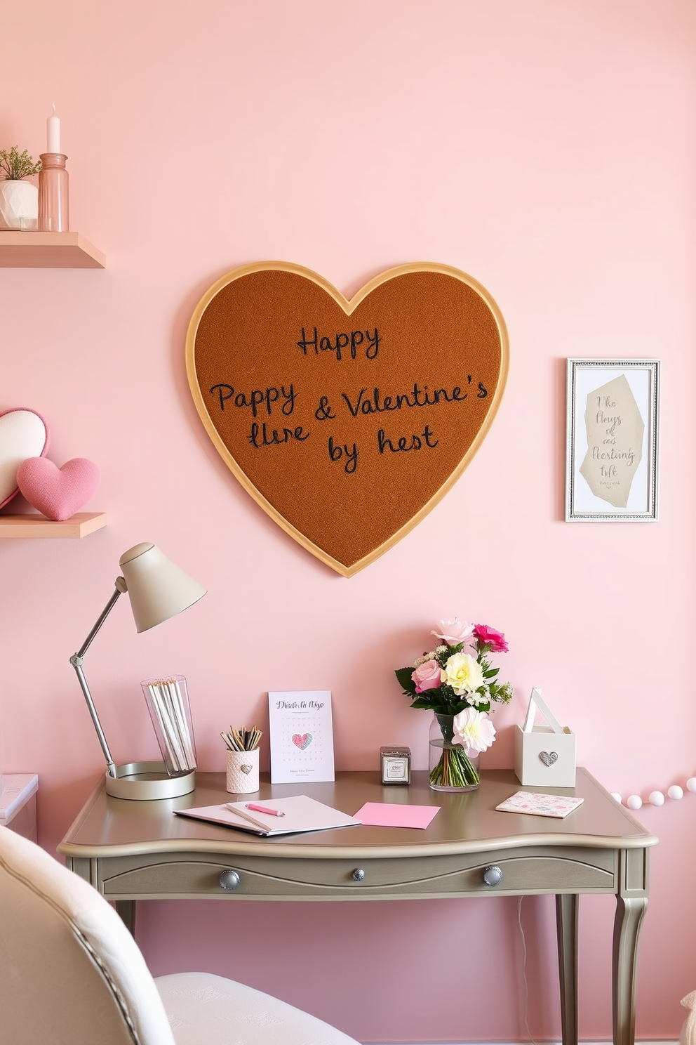 A cozy home office featuring a heart-shaped corkboard mounted on the wall, surrounded by soft pastel-colored decor. A stylish desk sits beneath the corkboard, adorned with a small bouquet of fresh flowers and a few romantic-themed stationery items.