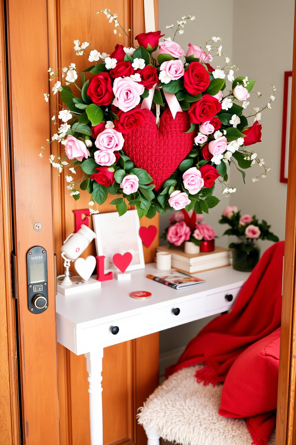 A charming Valentine's Day wreath adorned with red and pink roses, accented with delicate white blossoms and lush greenery. The wreath is hung on a rustic wooden door, creating a warm and inviting entrance. A stylish home office decorated for Valentine's Day featuring a desk adorned with heart-shaped decor and soft pink accents. A cozy reading nook is enhanced with plush cushions and a throw blanket in shades of red, inviting creativity and comfort.