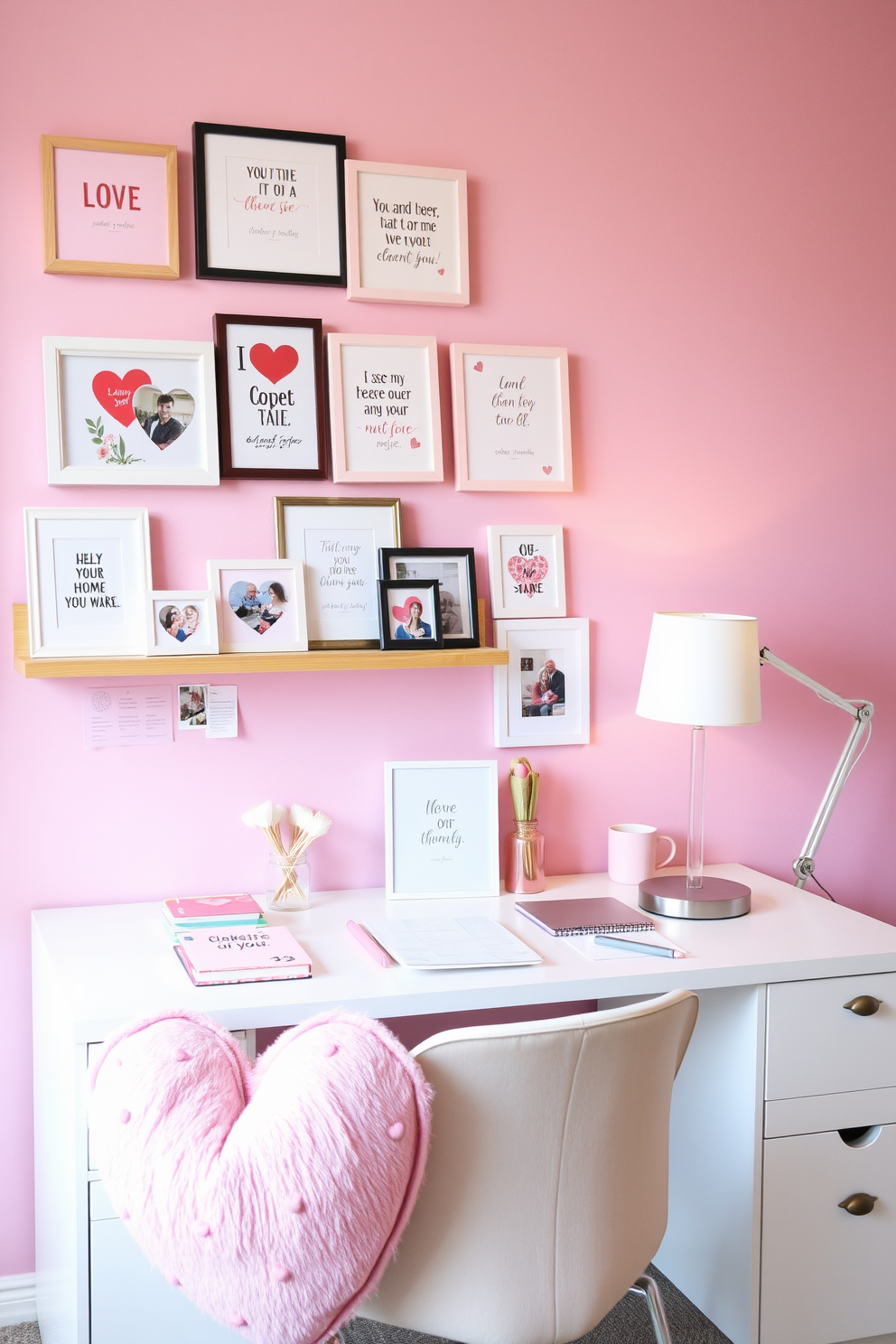 A cozy home office adorned with love-themed photo frames. The frames are arranged on a sleek wooden shelf, showcasing cherished memories and romantic quotes, while a soft pink accent wall adds warmth to the space. A stylish desk features a modern lamp and stationery in pastel colors, creating an inviting workspace. Plush cushions in heart patterns are scattered on the chair, enhancing the Valentine's Day theme.