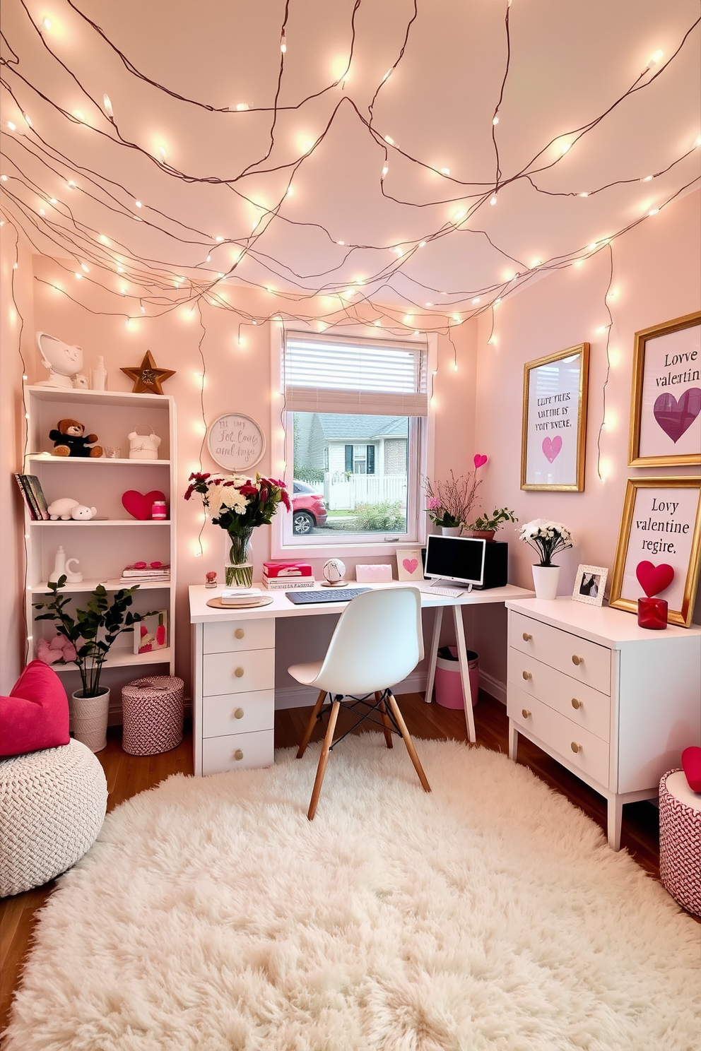 A cozy home office adorned with romantic fairy lights draped across the ceiling, creating a warm and inviting ambiance. A stylish desk is positioned near a window, complemented by a comfortable chair and a vase of fresh flowers, enhancing the Valentine's Day theme. Soft pastel colors dominate the decor, with heart-shaped accents scattered throughout the space. A plush rug underfoot adds texture, while motivational quotes framed in elegant gold frames inspire creativity and productivity.