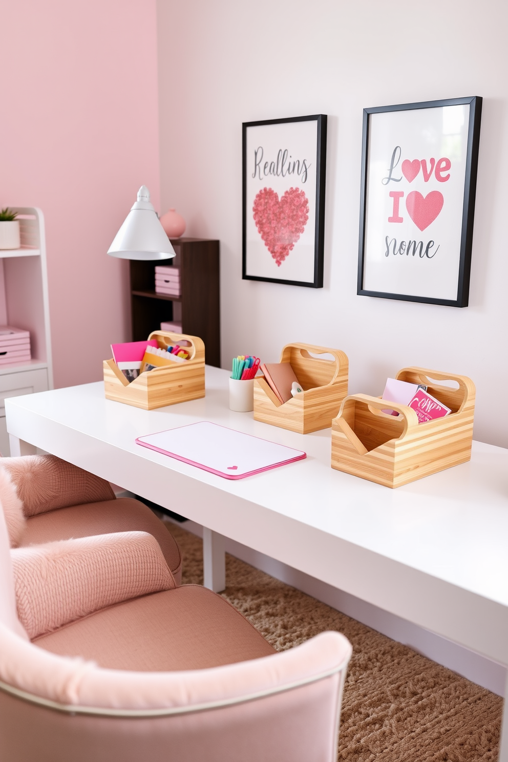 A charming home office setting featuring heart-shaped desk organizers made of natural wood, neatly arranged on a sleek white desk. The organizers are filled with colorful stationery, adding a playful touch to the workspace. The walls are adorned with soft pink accents, complemented by framed art that celebrates Valentine's Day. A cozy reading nook with a plush chair and a small bookshelf nearby invites creativity and relaxation.