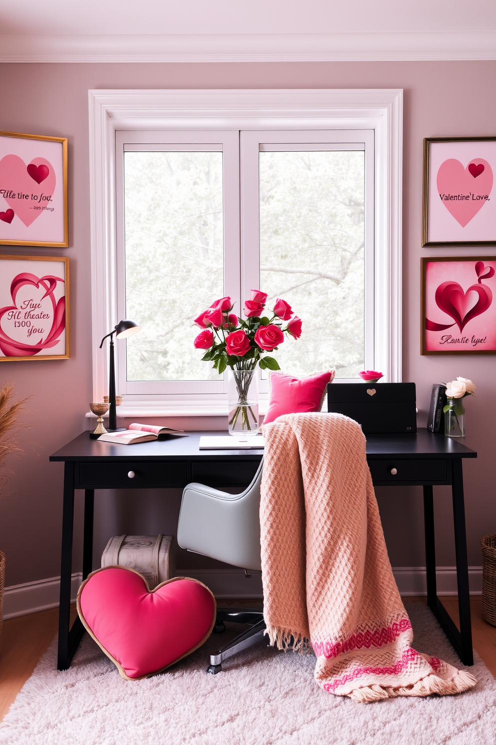 A romantic home office setting adorned with Valentine's Day themed wall art. The walls are decorated with framed prints featuring soft pinks and reds, showcasing heart motifs and love quotes. A stylish desk is positioned in front of a large window, with a vase of fresh roses adding a touch of elegance. Cozy accents like heart-shaped cushions and a warm throw blanket are draped over the chair, creating an inviting workspace.