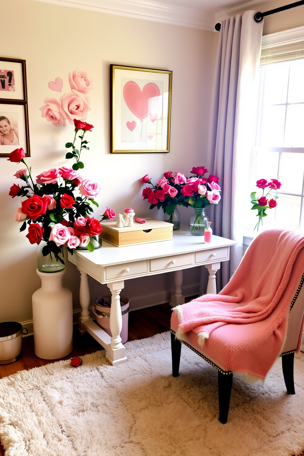 A charming home office adorned with elegant floral arrangements featuring vibrant roses in various shades of pink and red. The desk is positioned near a window, allowing natural light to illuminate the space, while a soft, neutral rug anchors the room. On the walls, framed artwork with romantic themes complements the Valentine's Day decor, creating a warm and inviting atmosphere. A cozy chair in the corner is draped with a plush throw, providing a perfect spot for inspiration amidst the festive decorations.