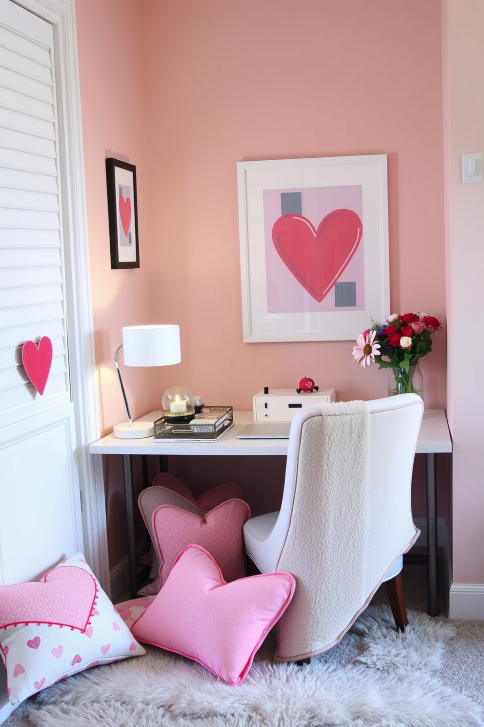 A cozy home office adorned for Valentine's Day features a sleek desk with a modern lamp, surrounded by heart-patterned throw pillows scattered across a plush chair. The walls are decorated with soft pastel shades, and a small arrangement of fresh flowers adds a touch of romance to the workspace.