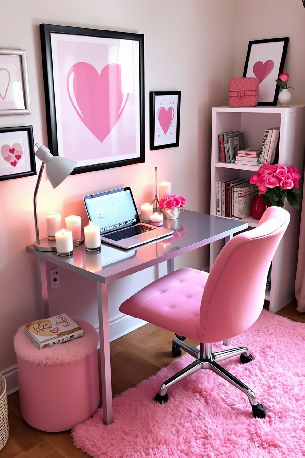 A cozy home office adorned for Valentine's Day, featuring a stylish desk with a sleek laptop and a soft pink chair. On the desk, several scented candles in romantic scents are arranged, casting a warm glow and filling the space with a delightful aroma. The walls are decorated with framed love-themed artwork, and a plush area rug in soft pastels anchors the room. A small bookshelf holds a collection of love stories, while a vase of fresh roses adds a touch of elegance and romance to the workspace.