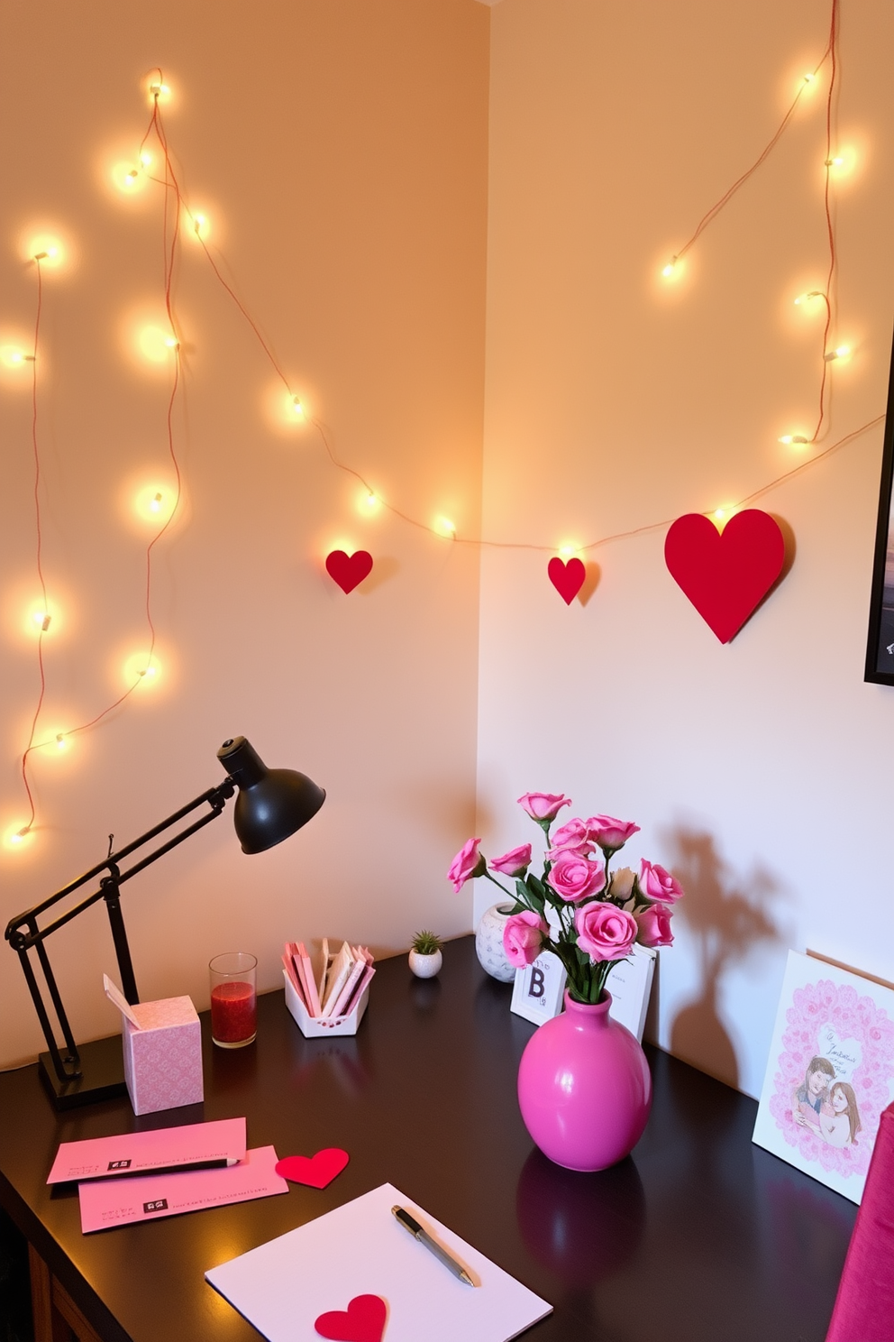 A cozy home office decorated for Valentine's Day features DIY heart string lights draped across the walls, casting a warm and inviting glow. A stylish desk is adorned with pink and red accents, including heart-shaped stationery and a small bouquet of fresh flowers in a charming vase.