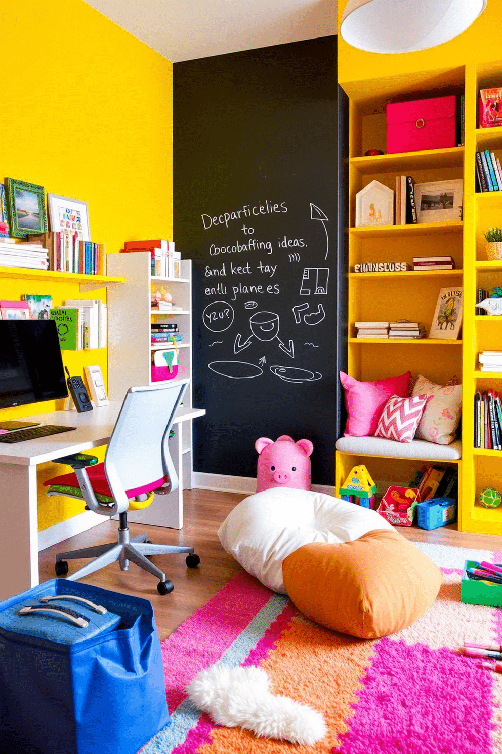 A vibrant home office and playroom combo that radiates energy and creativity. The walls are painted in a lively yellow hue, with a large chalkboard wall for doodling and brainstorming ideas. In the office area, a sleek white desk with a colorful ergonomic chair sits against the wall, complemented by bright shelving filled with books and playful decor. The playroom features a cozy reading nook with oversized cushions, surrounded by an array of toys and art supplies, all set on a soft, multicolored rug.