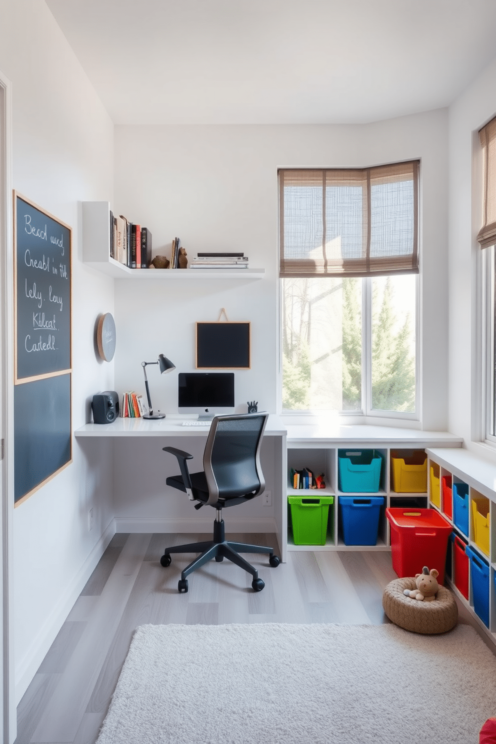 A modern wall-mounted desk is integrated into a bright and airy home office, featuring clean lines and a minimalist aesthetic. The desk is paired with a comfortable ergonomic chair, and decorative shelves above display books and personal items. In the same space, a playful area for children is designed with colorful storage bins and a soft rug, creating an inviting atmosphere. A chalkboard wall allows for creative expression, while ample natural light streams in through large windows, enhancing the dual functionality of the room.