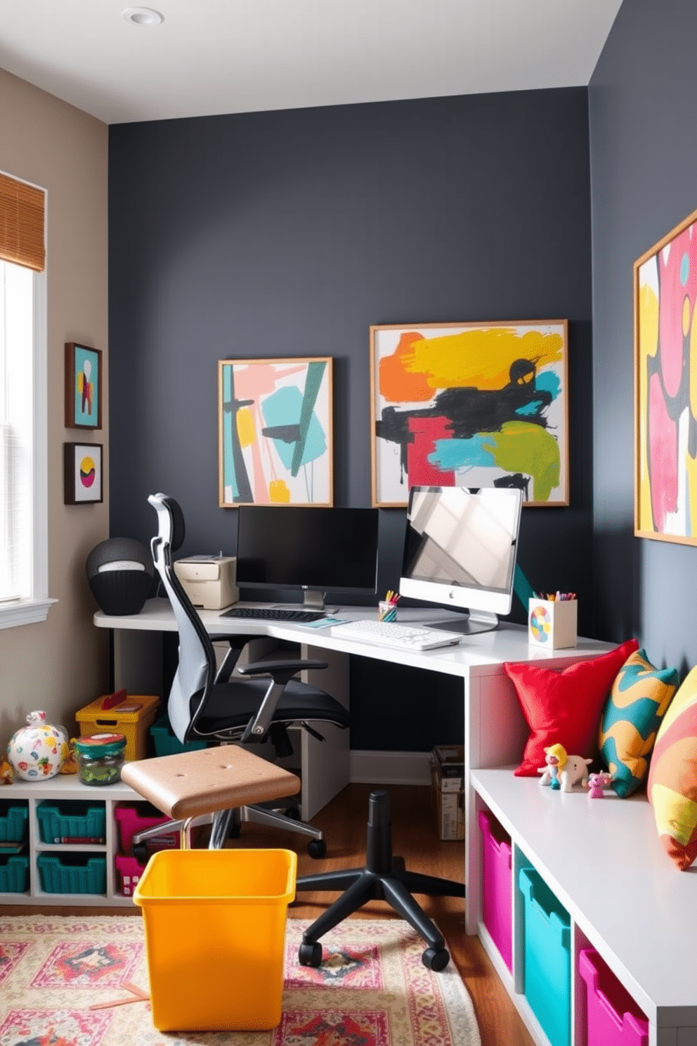 A vibrant home office and playroom combo designed to inspire creativity. The walls are adorned with colorful abstract wall art, creating a lively atmosphere that stimulates imagination and productivity. In one corner, a sleek, modern desk is paired with a comfortable ergonomic chair, while a cozy reading nook with plush cushions invites relaxation. Brightly colored storage bins neatly organize toys and supplies, ensuring the space remains functional yet playful.