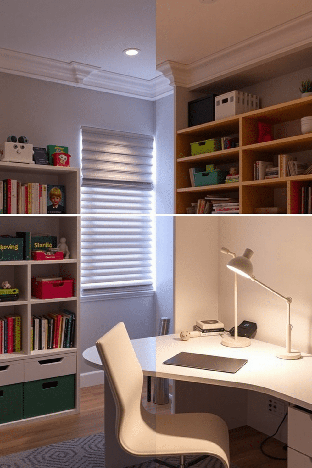 A versatile home office and playroom combo features adjustable lighting that seamlessly transitions from focused task lighting to ambient illumination for relaxation. The space includes a sleek desk with a modern lamp, surrounded by colorful shelving filled with books and toys, creating an inspiring environment for both productivity and play.