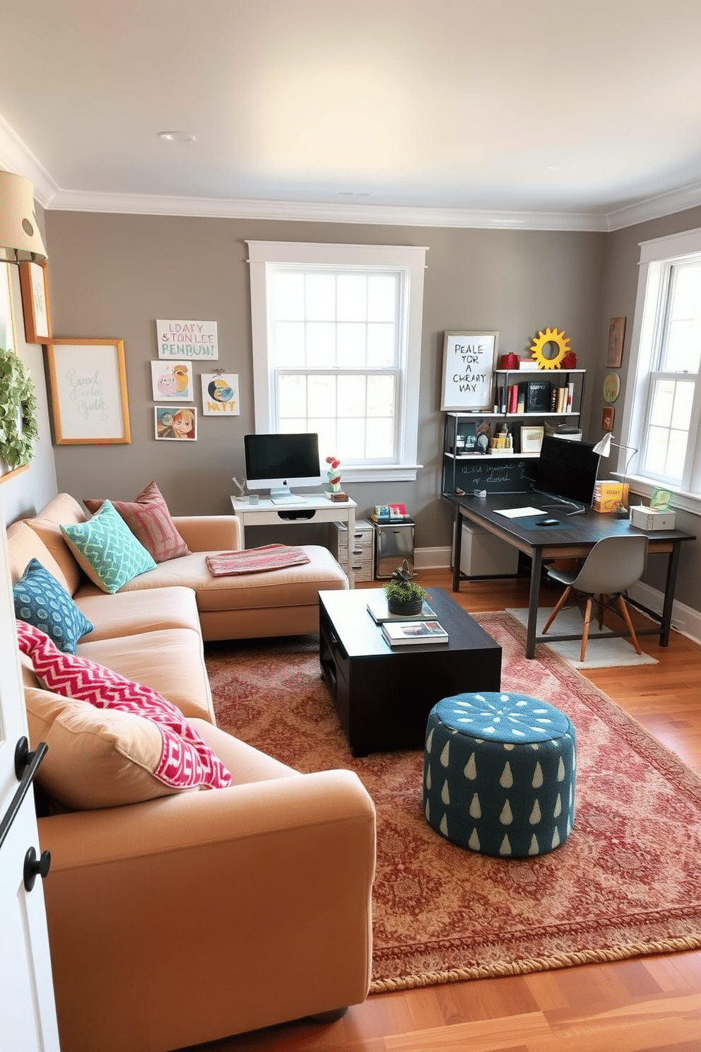 A cozy home office and playroom combo featuring soft seating options like a plush sectional sofa in a warm beige fabric. The space is accented with colorful throw pillows and a large area rug that adds texture, creating an inviting atmosphere for both work and play. In one corner, a stylish desk with a sleek design sits adjacent to a chalkboard wall for creativity. The room is brightened by natural light from large windows, and playful artwork adorns the walls, enhancing the cheerful vibe.