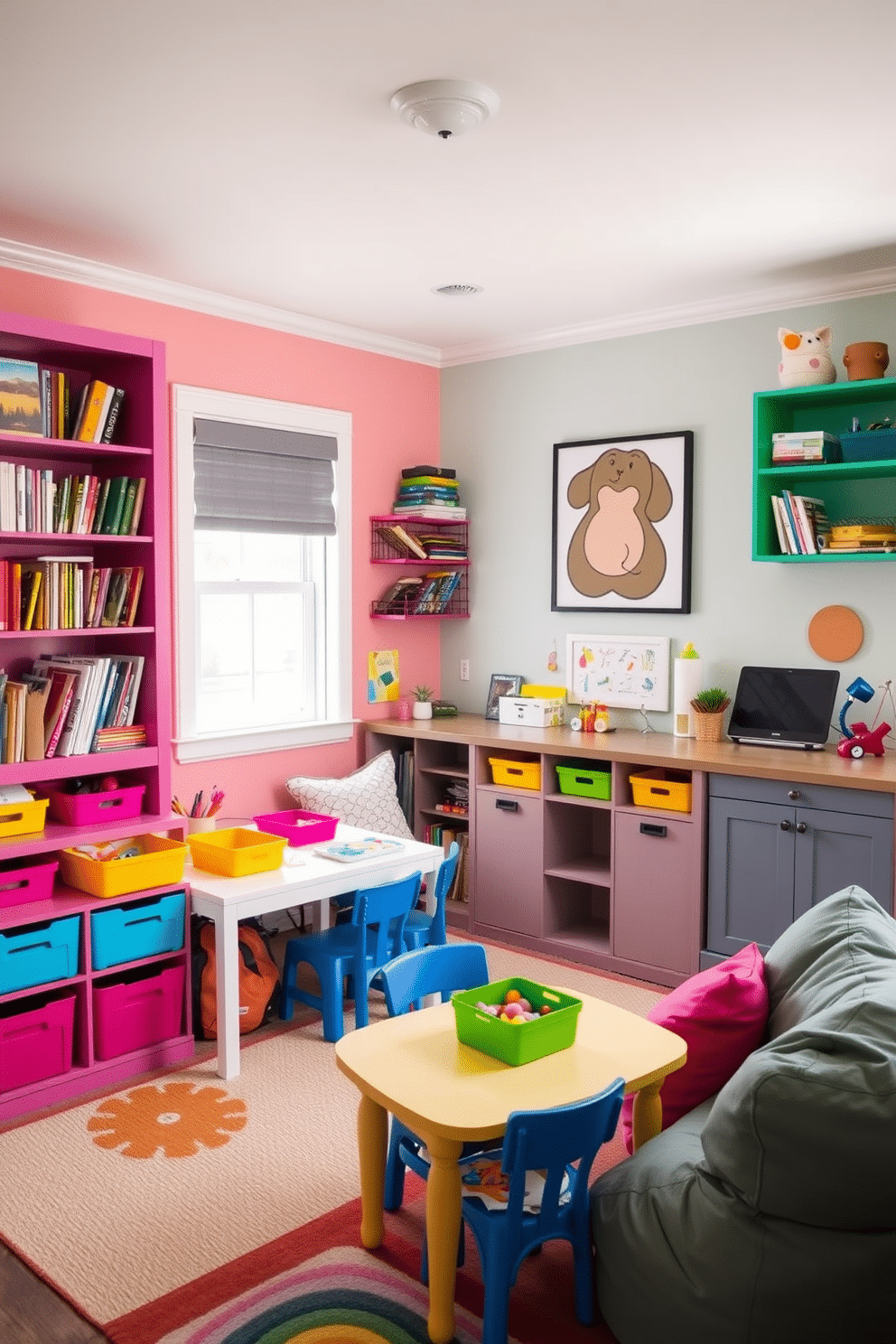 A vibrant and functional home office and playroom combo designed for creativity and productivity. The space features a sturdy desk with ample storage, surrounded by colorful shelving filled with art supplies and books, while a cozy reading nook with bean bags invites relaxation. In one corner, a small craft station for kids is integrated with a child-sized table and chairs, adorned with bright, organized containers for supplies. The walls are painted in soft, cheerful colors, and playful artwork adds a whimsical touch to the overall design.