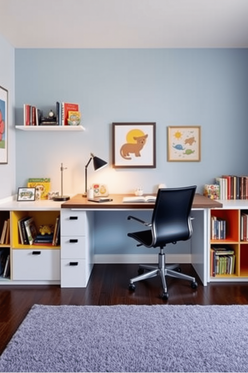 A stylish home office and playroom combo features a foldable desk that seamlessly integrates into the space, allowing for versatility in both work and play. The desk is surrounded by colorful shelving units filled with books and toys, creating an inviting atmosphere for productivity and creativity. The walls are painted in a cheerful light blue, complemented by playful artwork that inspires imagination. A cozy area rug anchors the room, providing a soft surface for play while maintaining a functional workspace.