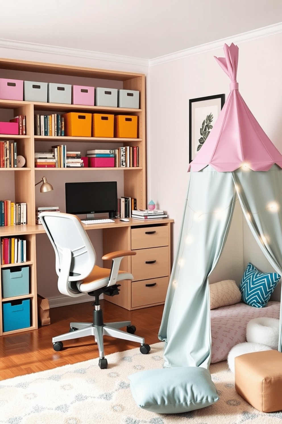 A vibrant home office and playroom combo designed for creativity and productivity. The space features a stylish desk with a comfortable ergonomic chair, surrounded by shelves filled with books and colorful storage bins. In one corner, a whimsical play tent adds a fun element, adorned with fairy lights and plush cushions for a cozy reading nook. The walls are painted in a soft, cheerful hue, while a playful area rug defines the play space, creating a warm and inviting atmosphere.